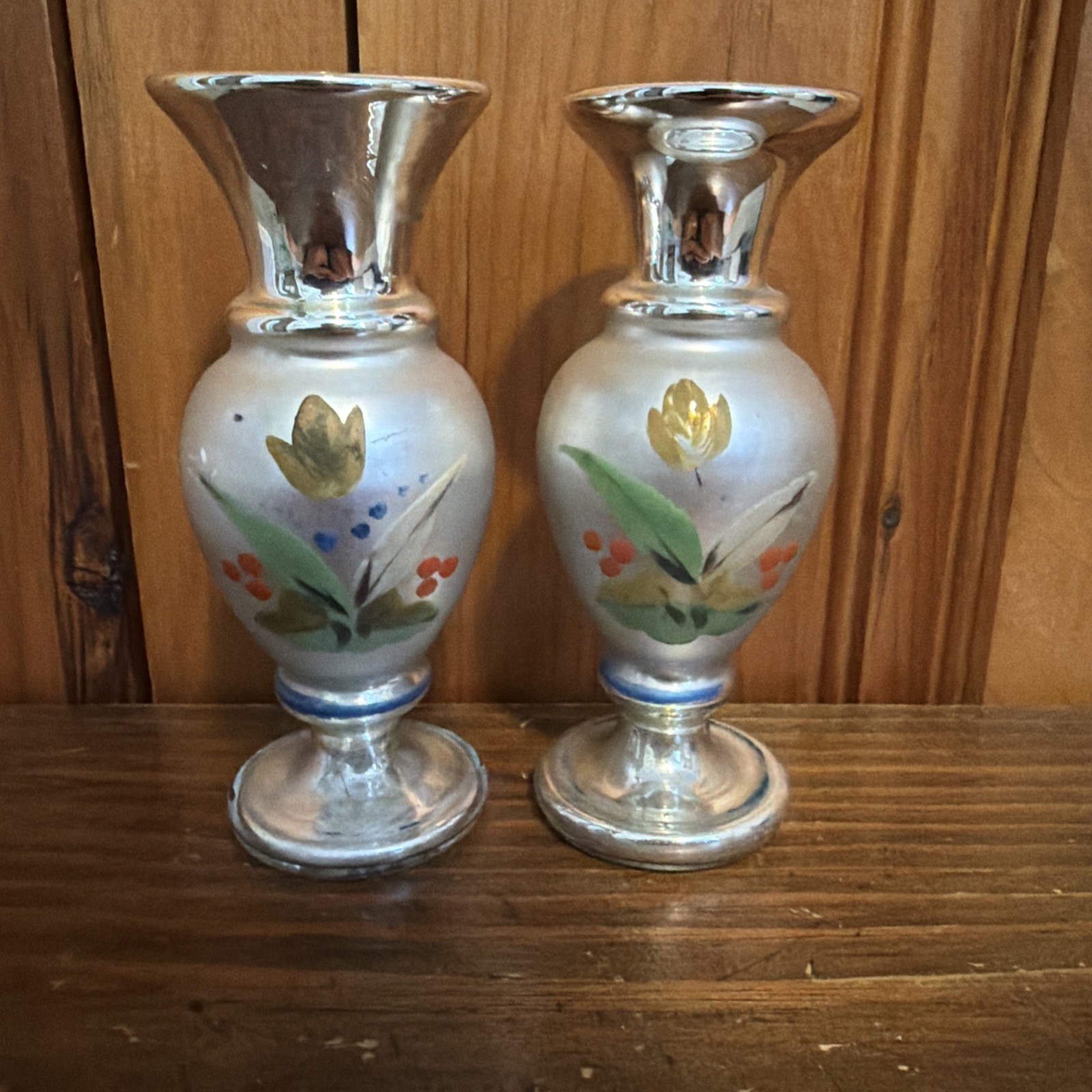 Vtg Antique Victorian Silver Mercury Glass VasesFlowers Pedestal Hand Painted 6”