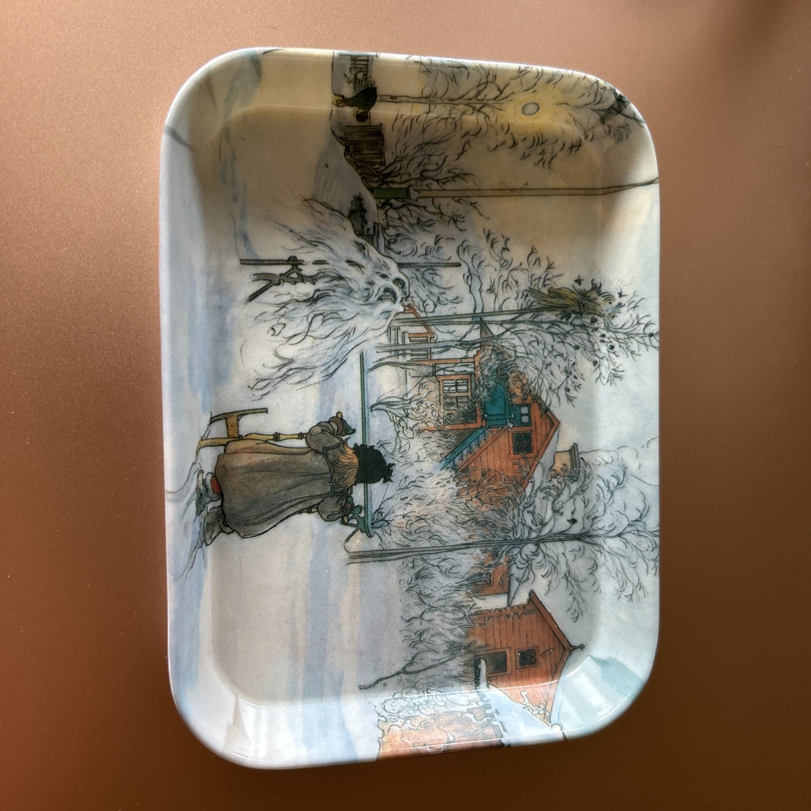 R2S Italy Melamine Trinket Tray Winter Snow Scene Art Vintage EUC