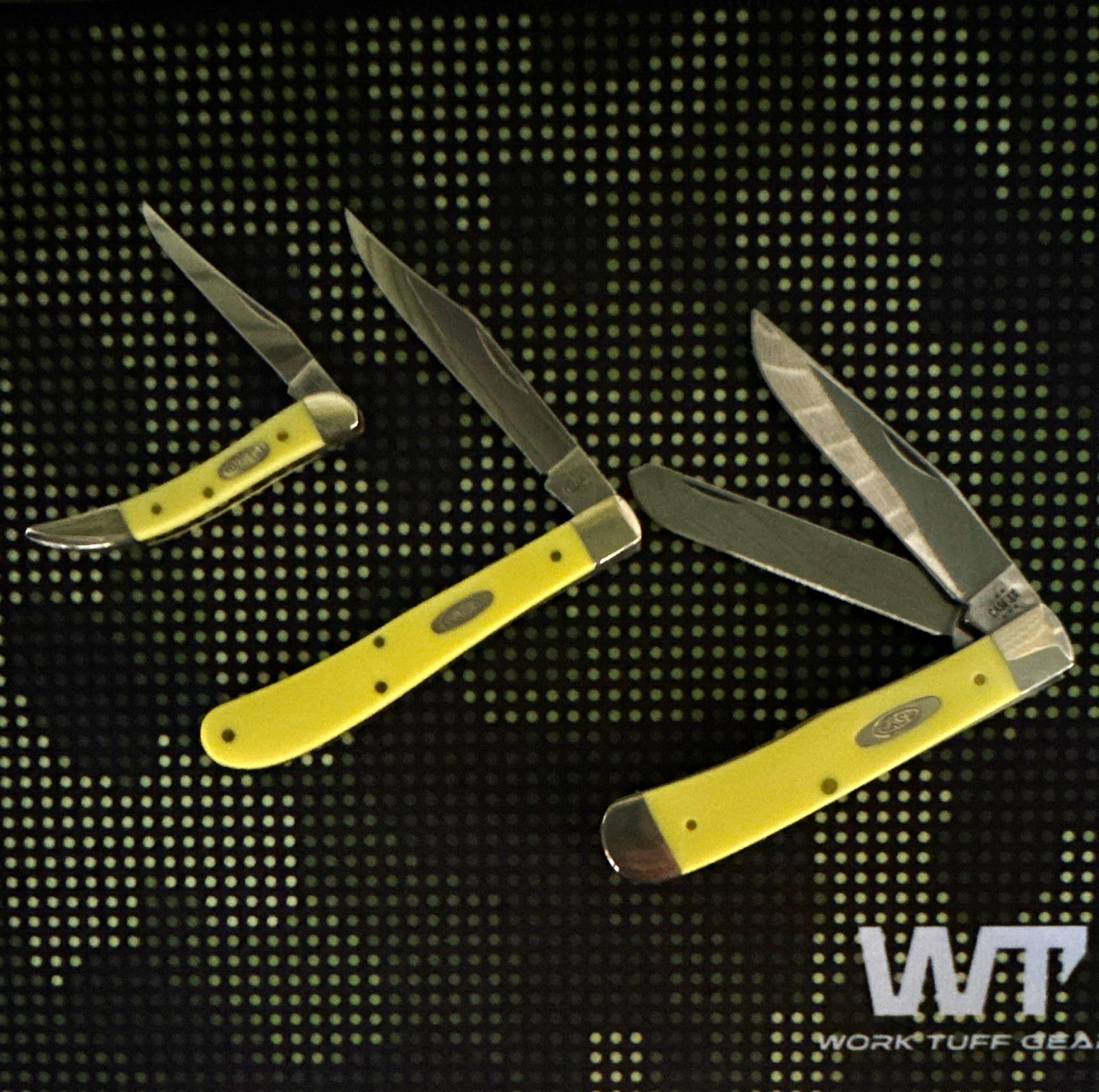 3 Case Yellow Synthetic Handle knives , 1 money, all new , 2 w/box 1 without box
