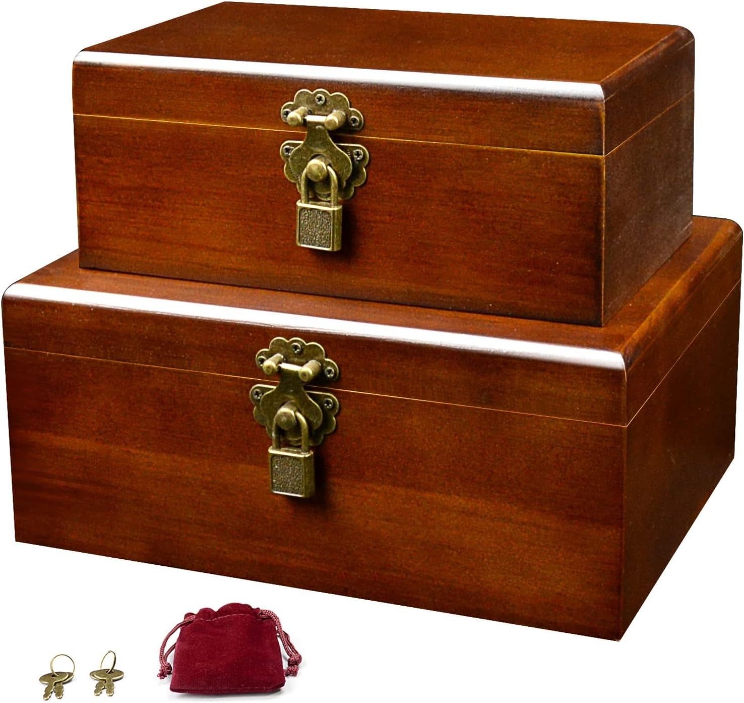 Set of 2 Wooden Storage Boxes Container with Hinged Lid, Large Wood Craft Kee...