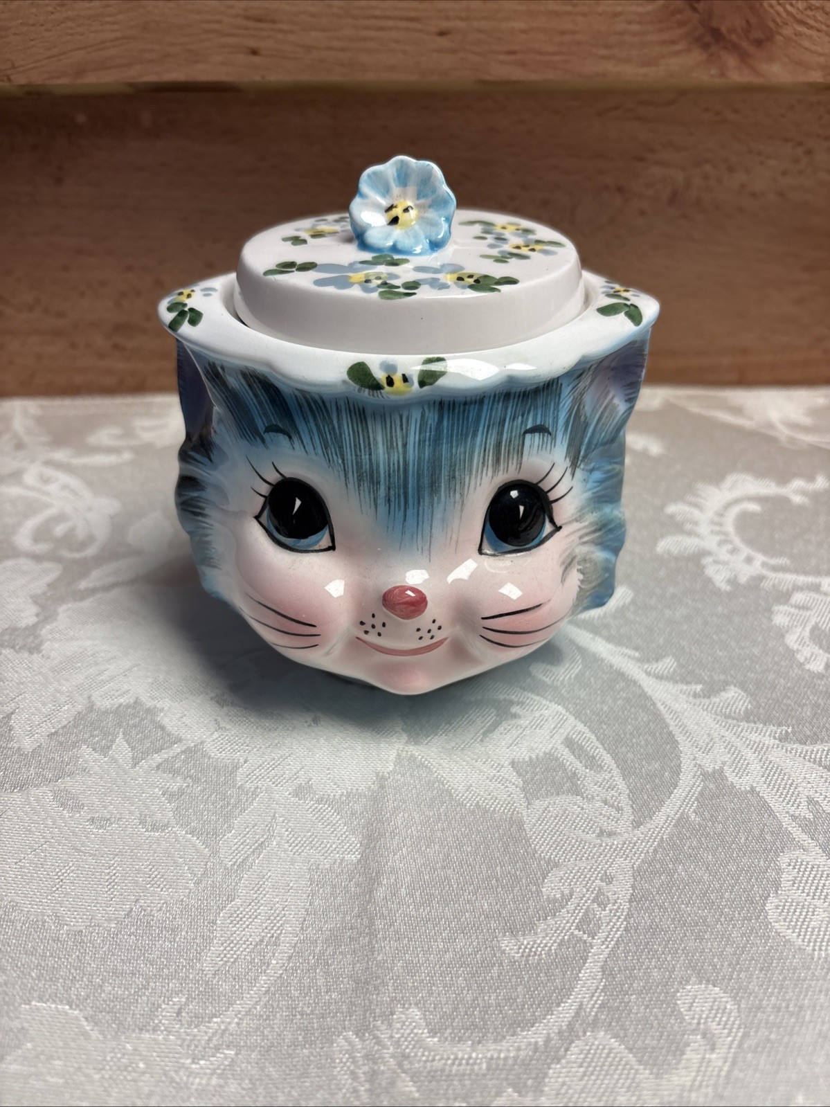 Lefton Blue Anthropomorphic Kitty Cat Miss Priss SUGAR BOWL w/LID
