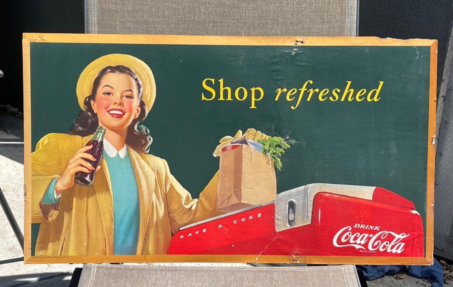 RARE  1948    COCA COLA CARDBOARD.  Shop Refreshing.   COOLER.  EARLY CARDBOARD