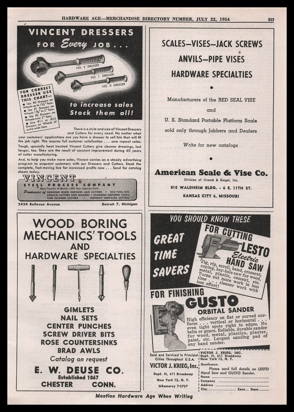 1954 Victor J Krieg New York NY Lesto Hand Saws & Gusto Orbital Sanders Print Ad