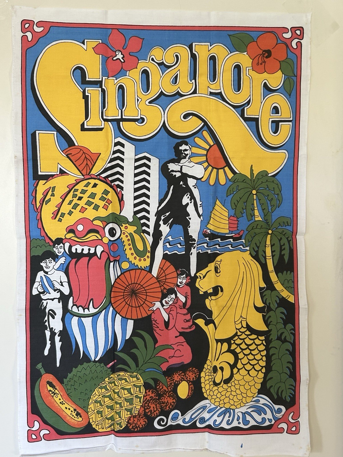 Vintage Singapore Tea Towel Cotton Psychedelic Souvenir Excellent condition Vintage Singapore Tea Towel Cotton Psychedelic Souvenir Excellent condition