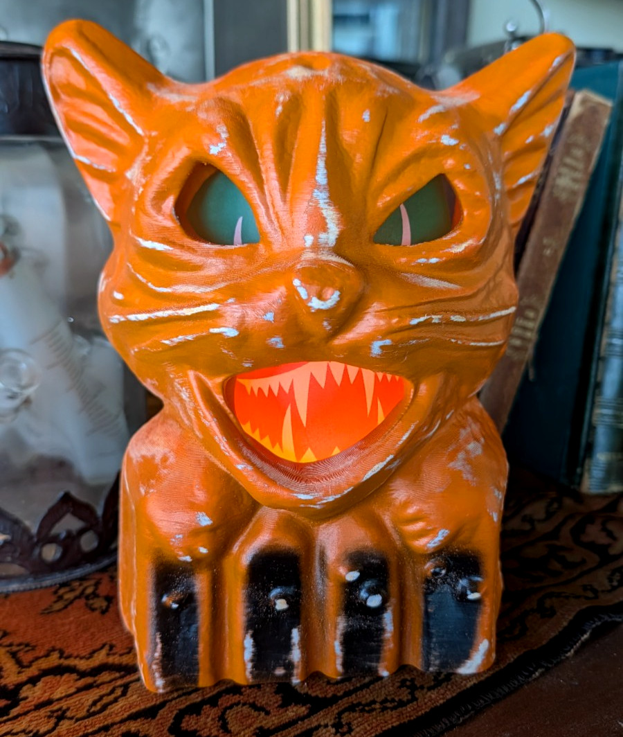 Paper Mache style Halloween Cat on a Fence lighted Lantern with face insert 7.5