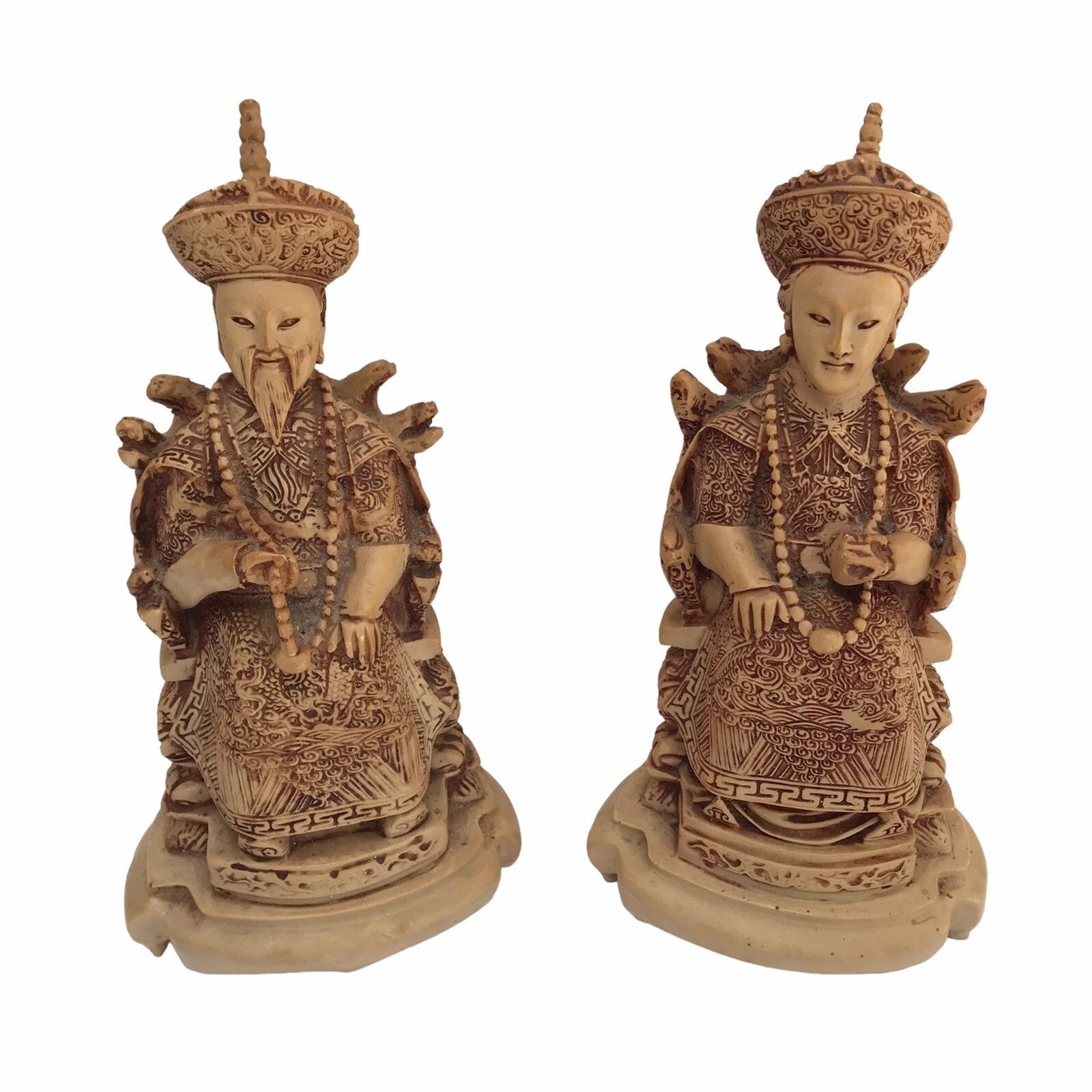 Vintage ASIAN ROYALTY Carved FIGURINES ETCHED SITTING ON SERPENT THRONES 9 1/4”