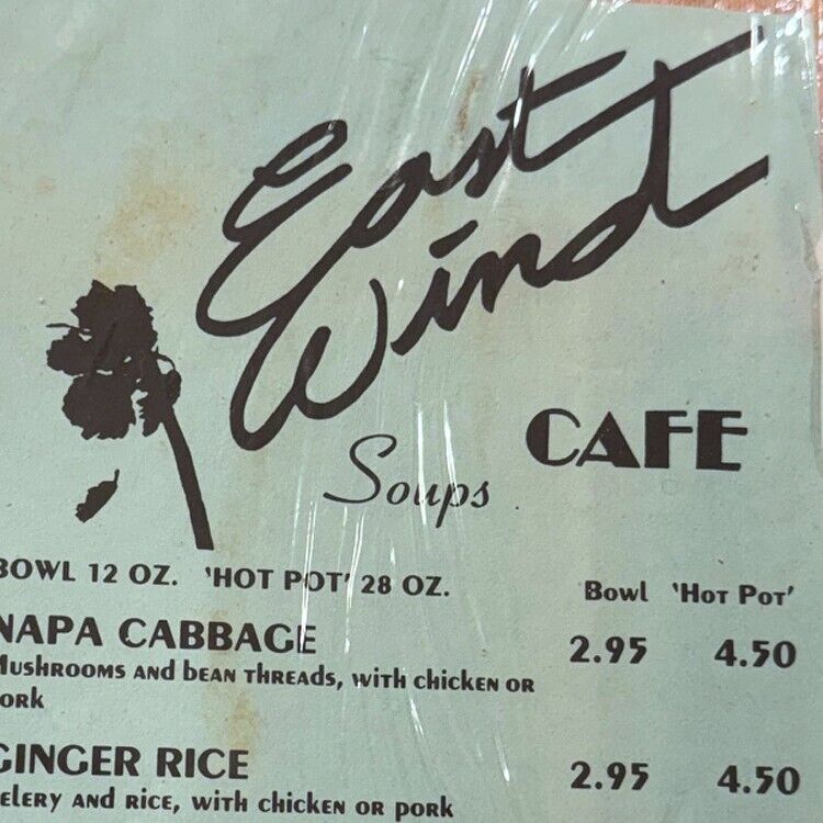 1980s East Wind Cafe Restaurant Menu 2928 Washington Boulevard Marina Del Rey