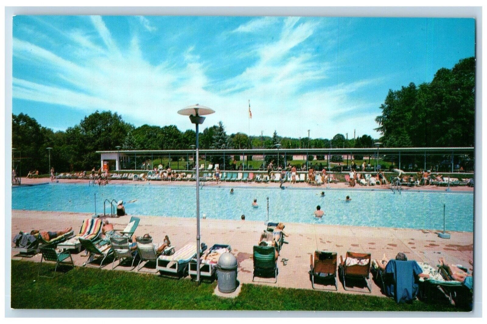 Moodus Connecticut CT Postcard Banner Lodge Resort Pool Bathing Scene Vintage