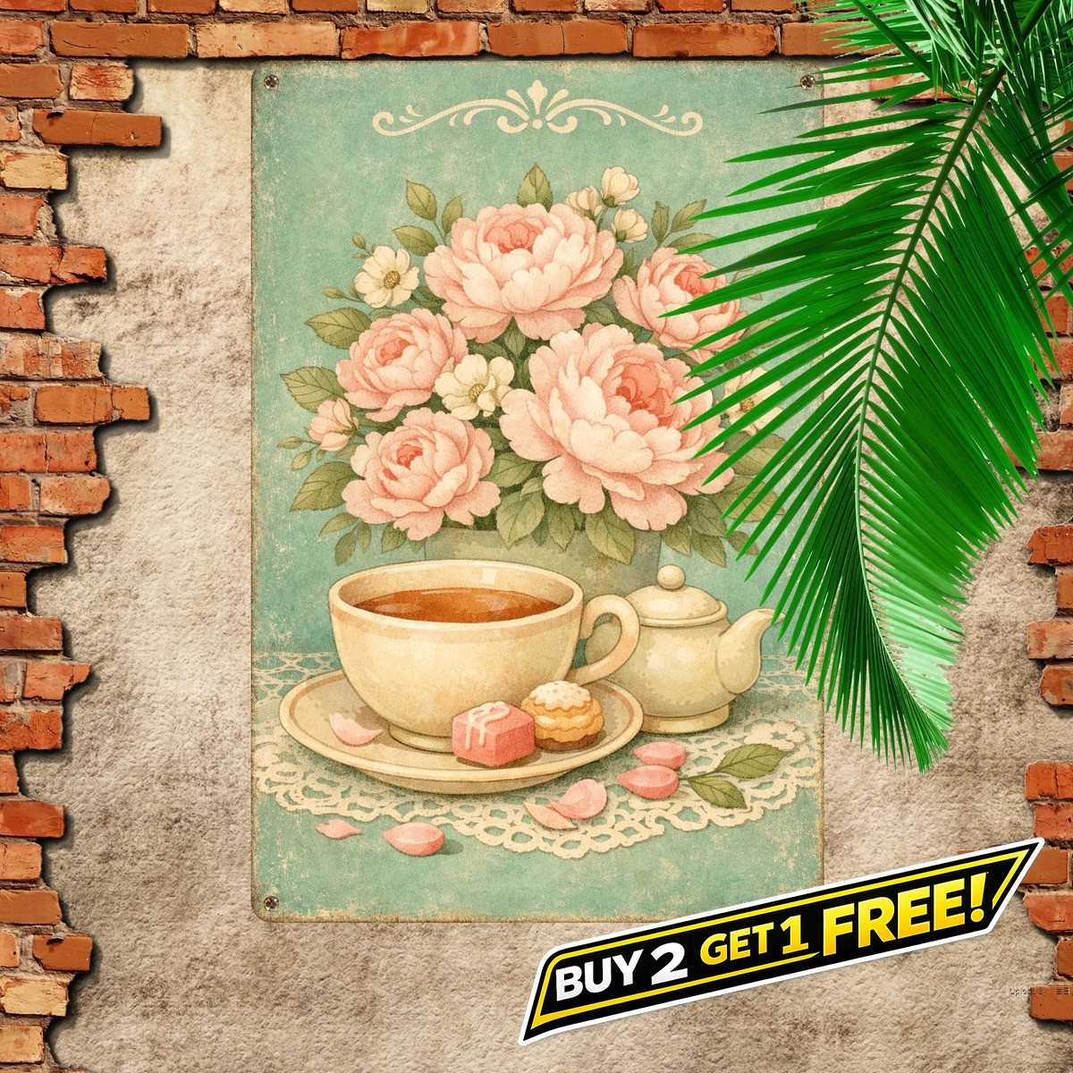 Peonies Teacup Romantic Metal Sign Vintage Floral Kitchen Wall Art