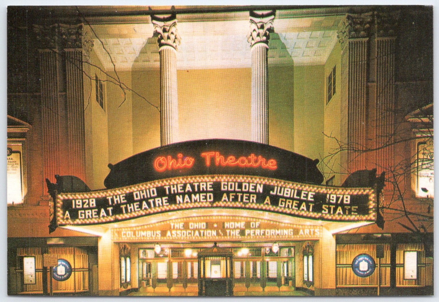 Ohio Theatre Columbus Ohio Night View Marquee Postcard 1928-1978