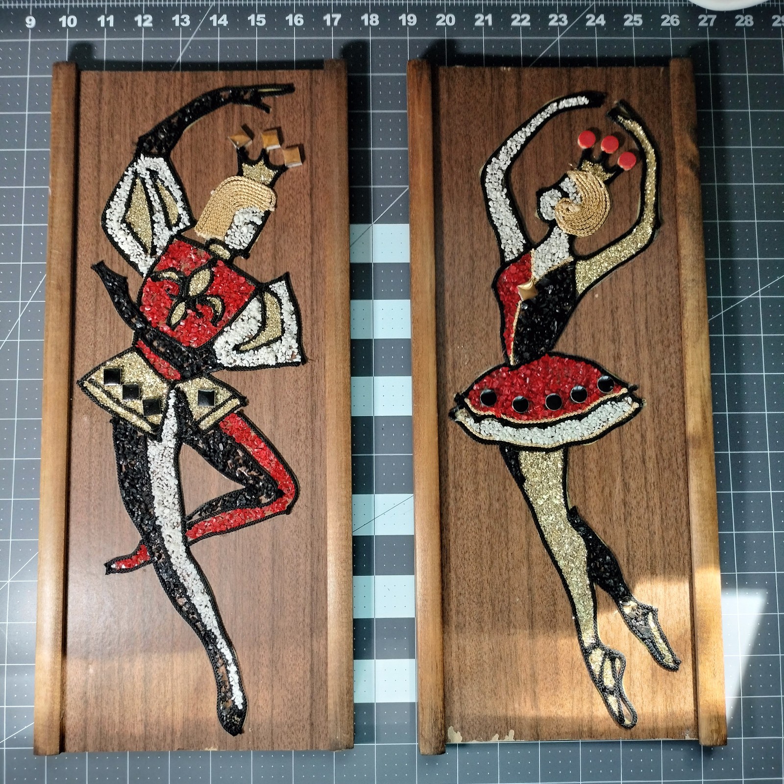Vintage MCM Ballerina Harlequin Gravel Art Wall Plaques Pair 1960s Pebble Mosaic