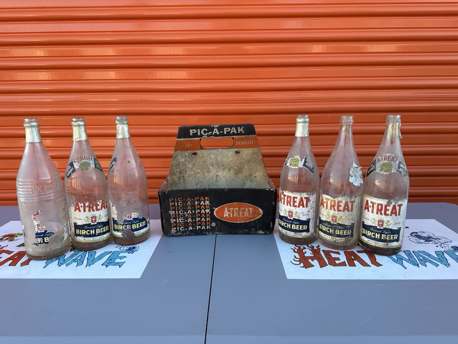 Vintage A-Treat Birch Beer 32 oz Quart Bottles Carrier Embossed Glass PA Set