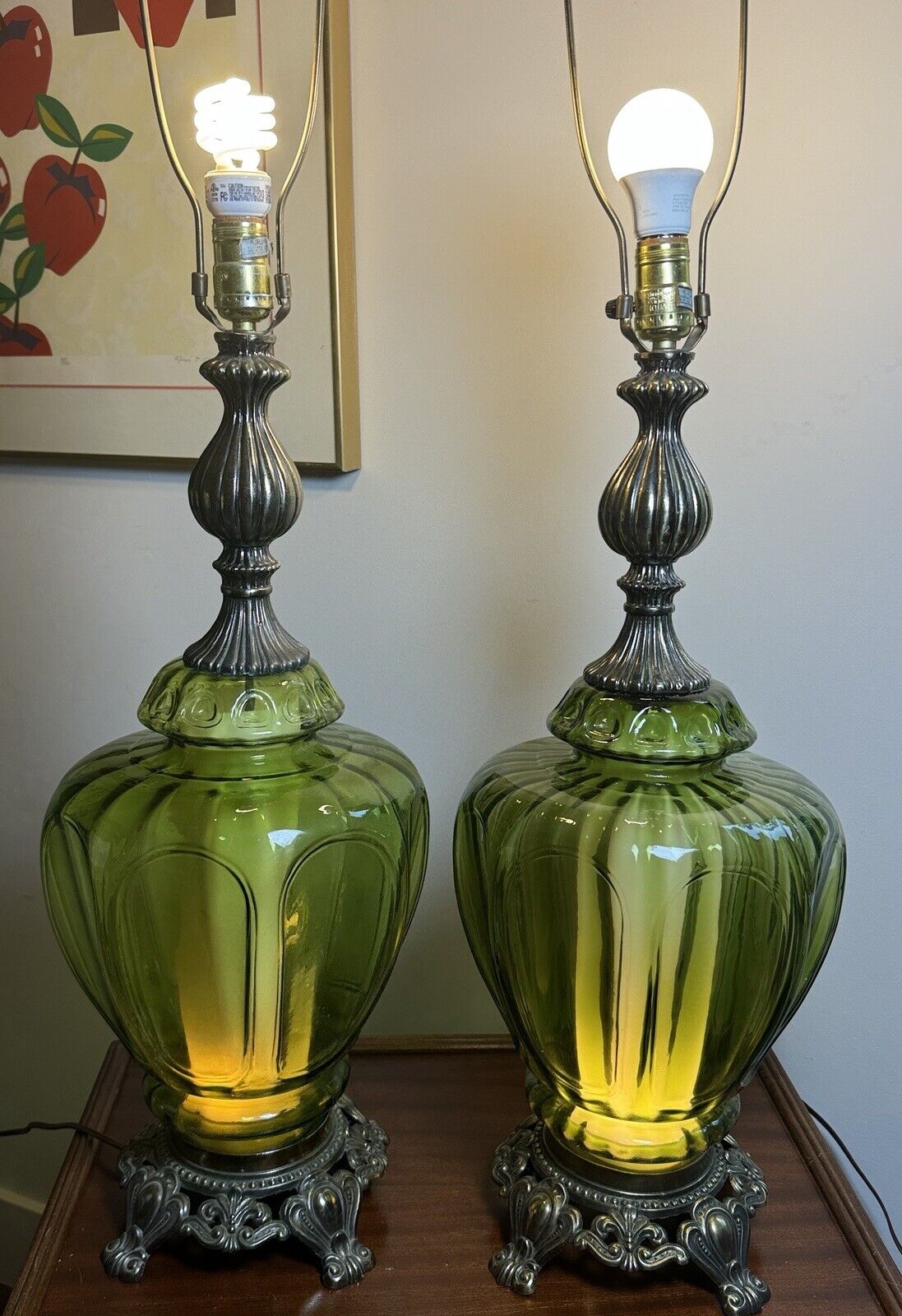 Pair Of MCM Large Hollywood Regency Table Lamps Green Brass Optic Diffuser 3-Way