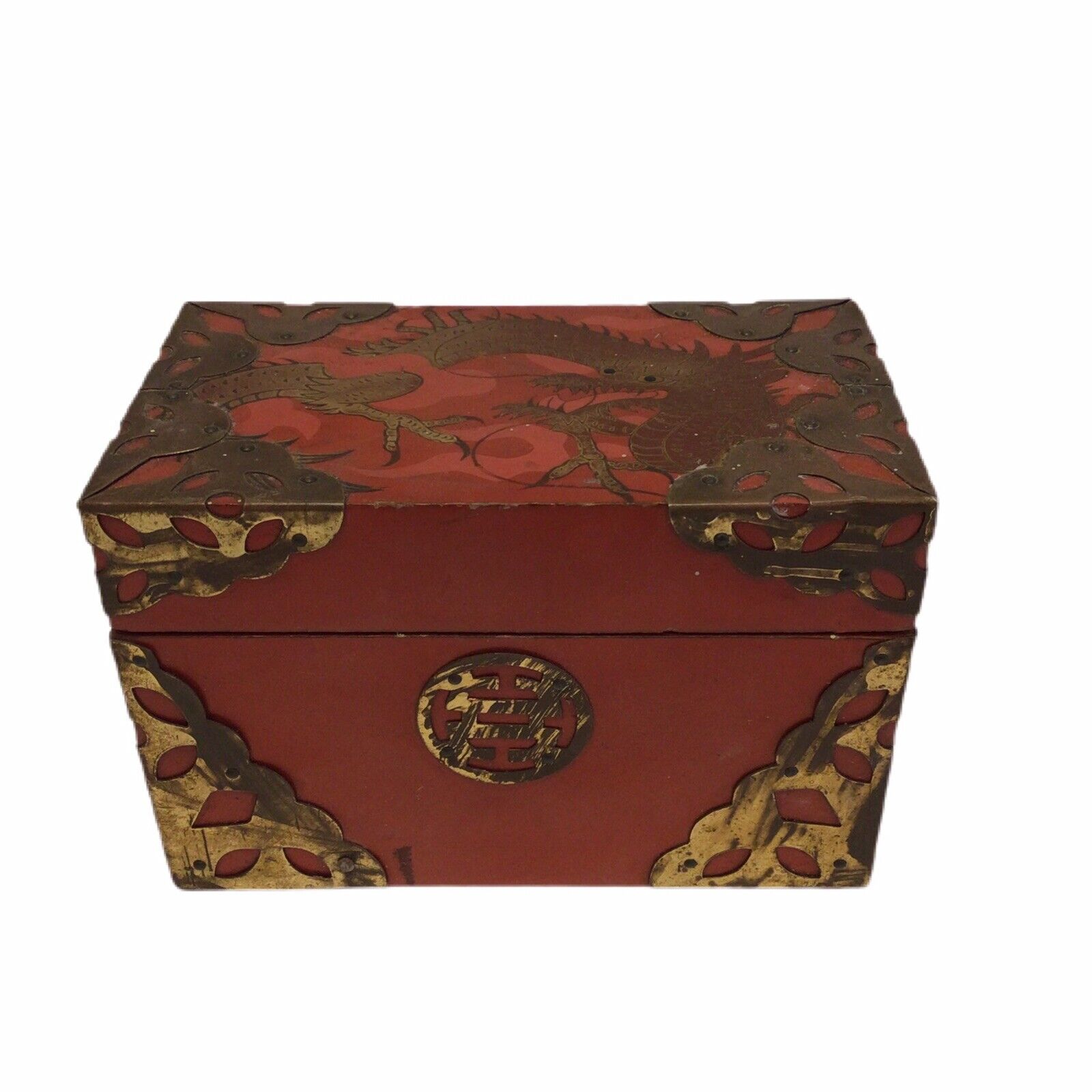 Vintage Playing Card Box Red Lacquered Gold Dragon Brass Accents Asian