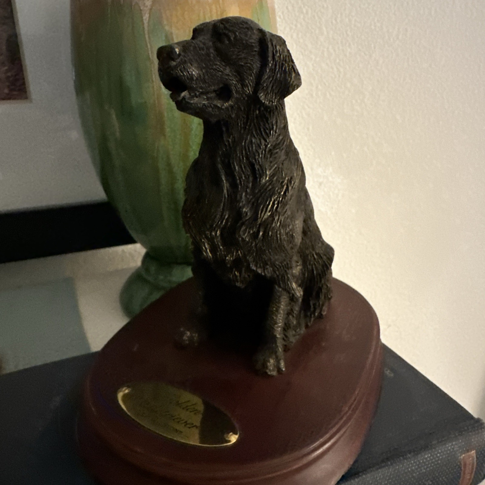 Vintage Living Stone Golden Retriever Dog Figurine Statue Cherry Wood Base 90s