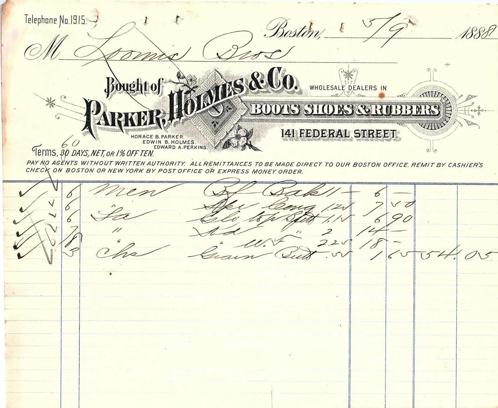 1879 Parker Holmes & Co Boston Shoe Wholesaler Billhead