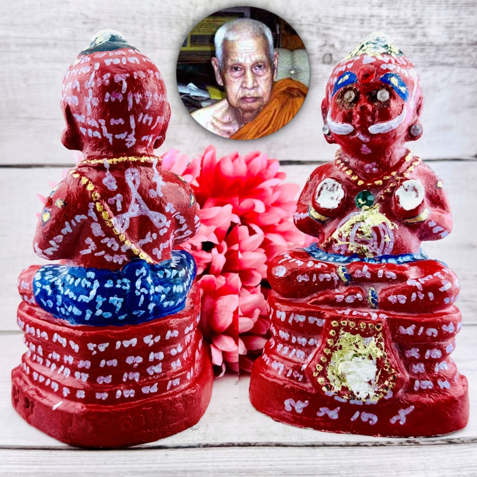Wealth Clay Guman Statue Diamond Eye Lp Yam Nayak Be2549 Red Thai Amulet #17517