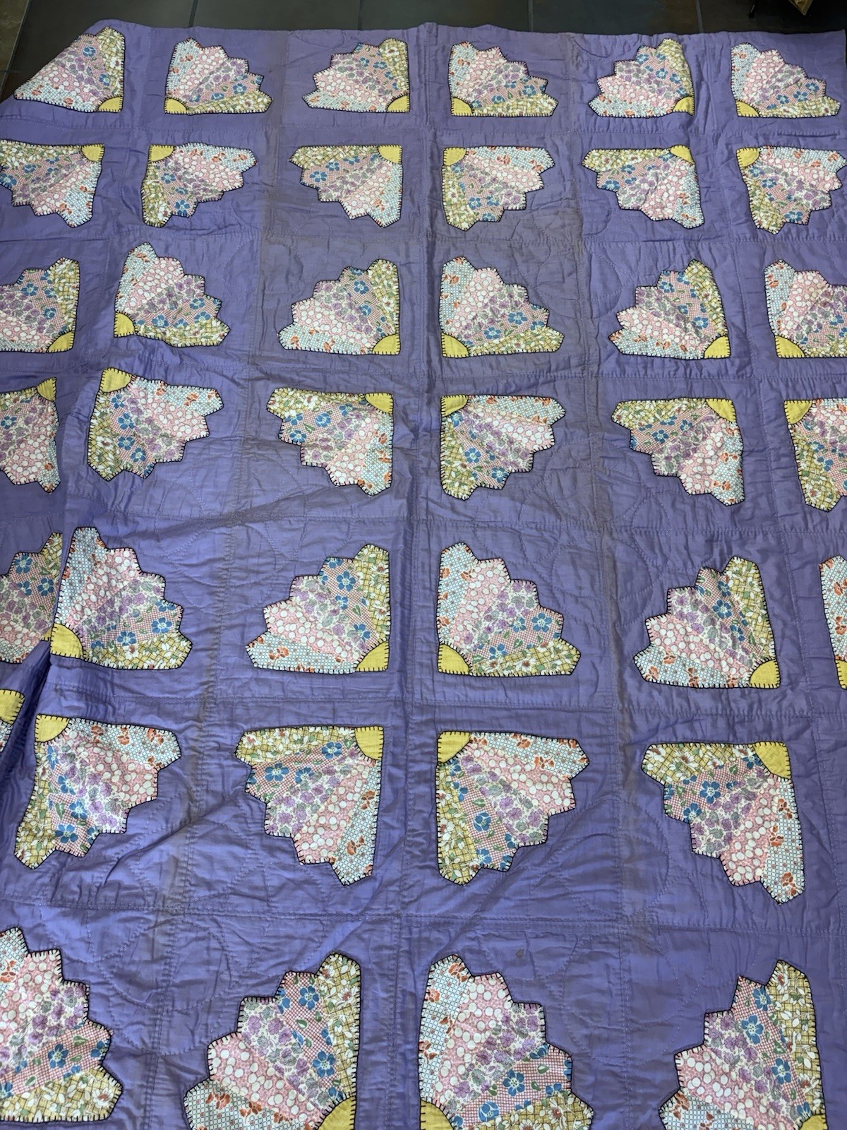 Vintage Handmade Grandmother\'s Fan Patchwork Quilt Queen Blanket Stitch On Edge