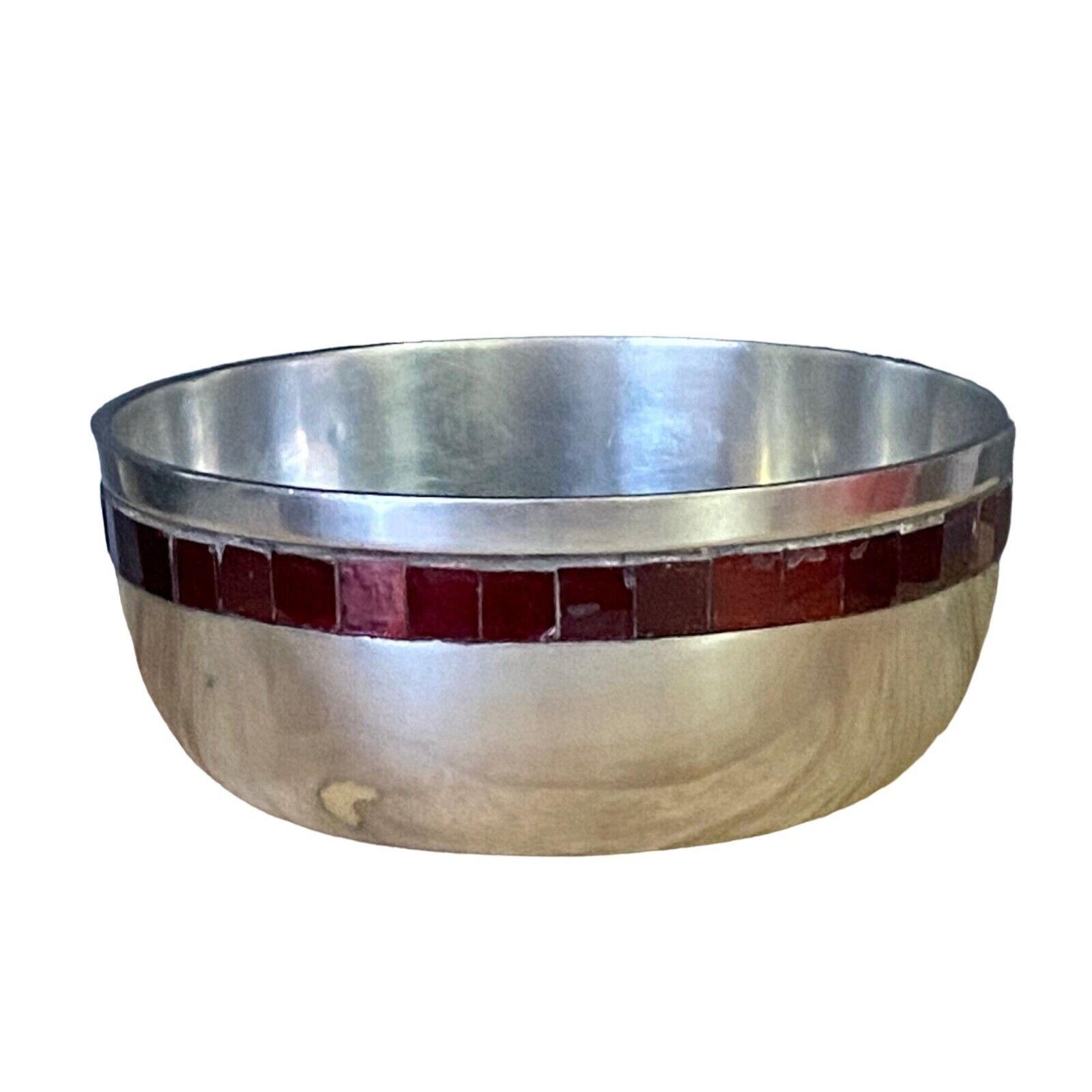 SILVER METAL BOWL WITH RUBY RED INLAY BANDSILVER METAL BOWL WITH RUBY RED INLAY
