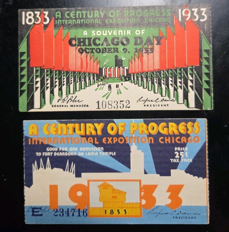 1933 Chicago World's Fair Chicago Day And 1934 Attendance Ticket Stubs 1933 Chicago World's Fair Chicago Day And 1934 Attendance Ticket Stubs