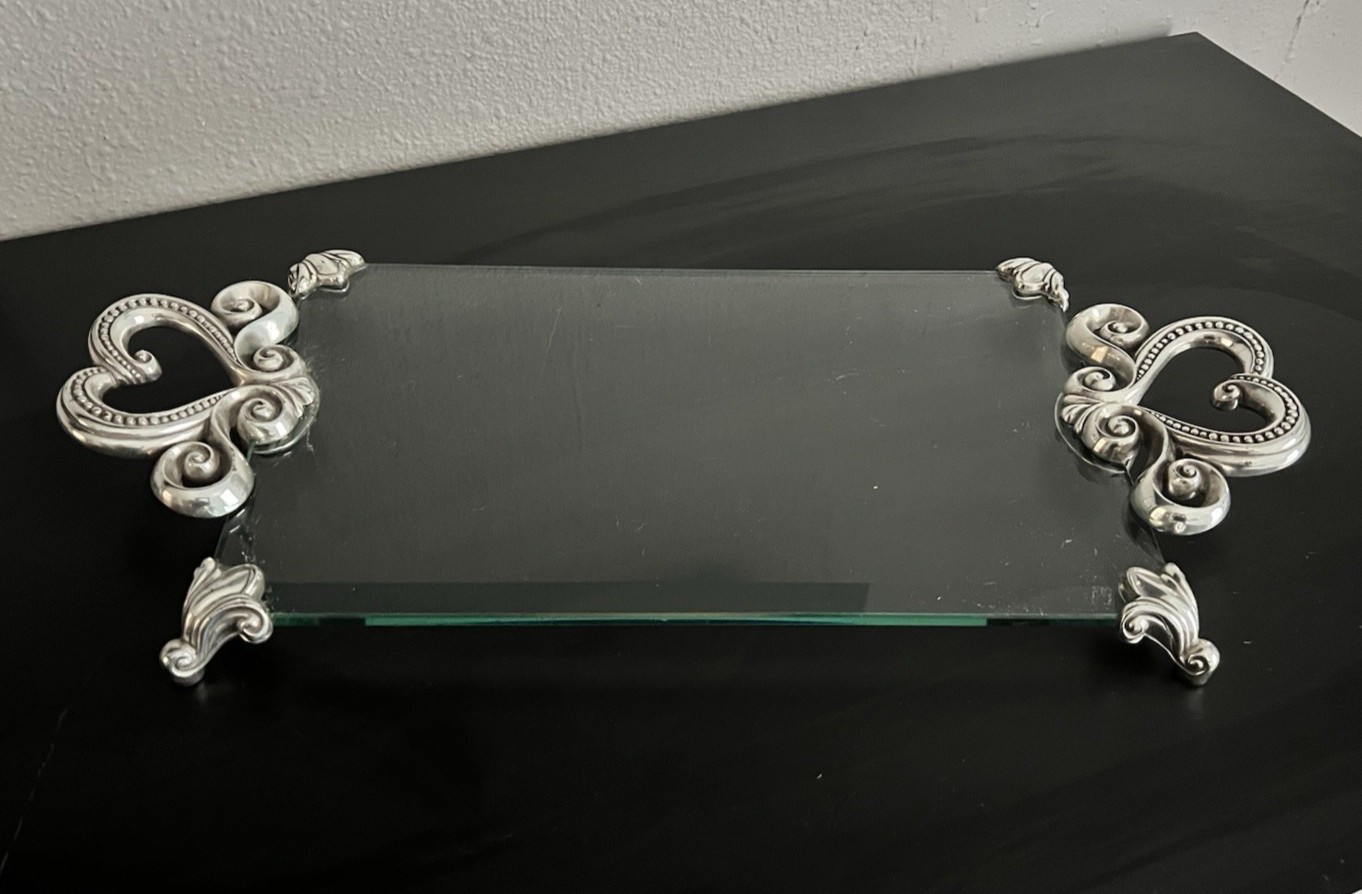 Brighton Marie Antoinette Glass Vanity Serving Tray Silver Plated Heart Handles Brighton Marie Antoinette Glass Vanity Serving Tray Silver Plated Heart Handles
