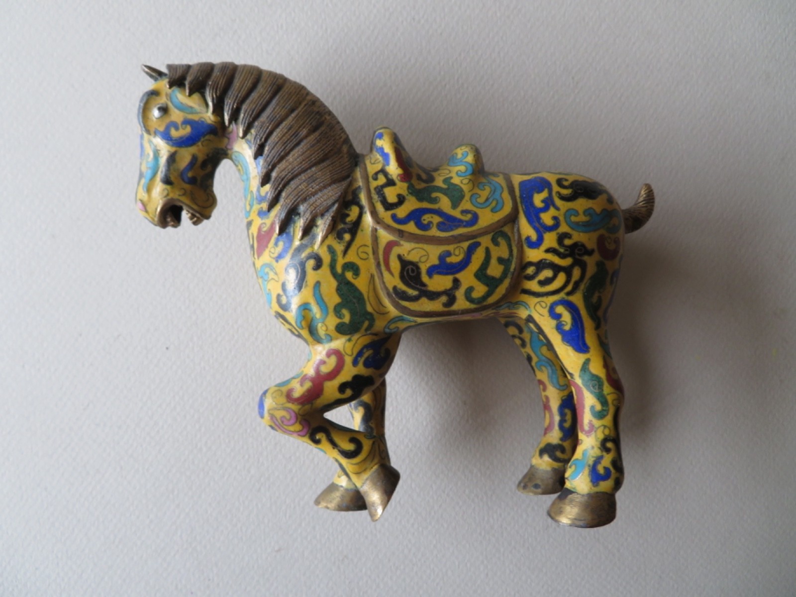 OLD CHINESE YELLOW GROUND CLOISONNE HORSE FIGURE