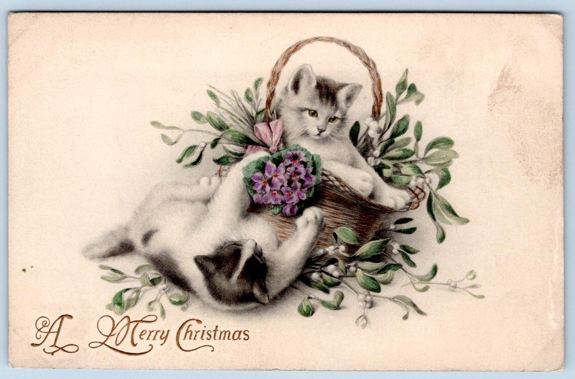 1907-10's A MERRY CHRISTMAS PLAYFUL CATS KITTENS BASKET FLOWERS AUSTRIA POSTCARD