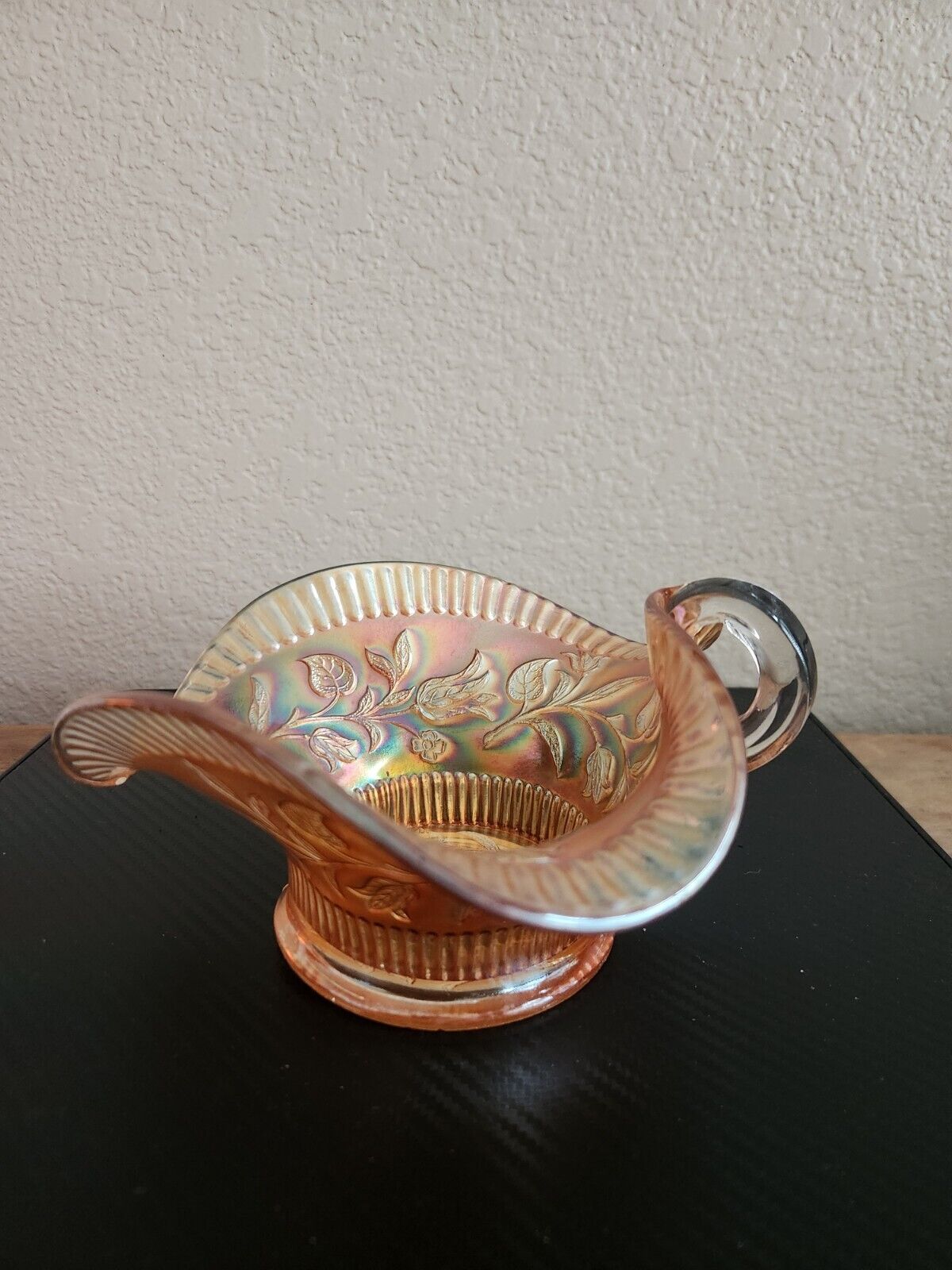 Antique Dugan Marigold Handled  Nappy Dish - Carnival Glass - Windflower Pattern