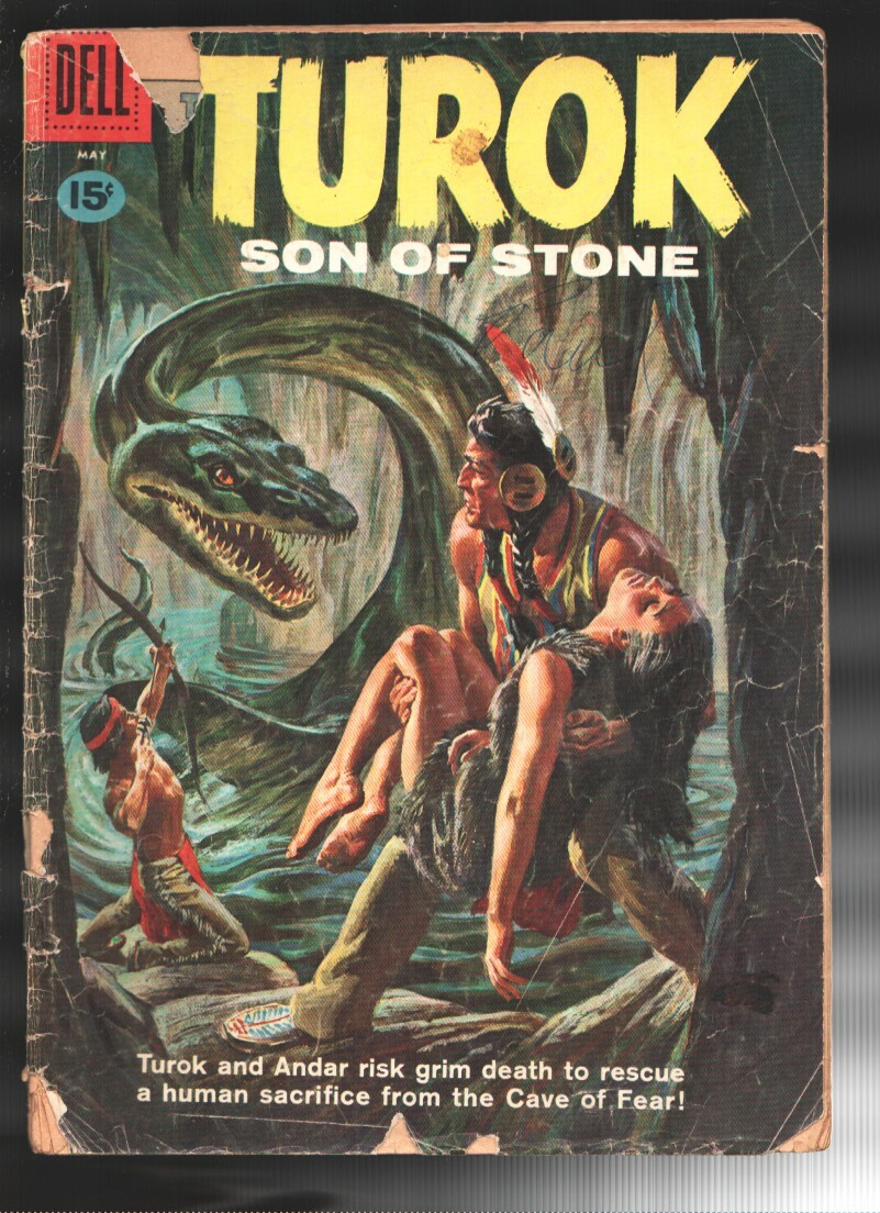 Turok Son of Stone #23 1961-Dell-Indian & dinosaurs-Pieces off cover-FR