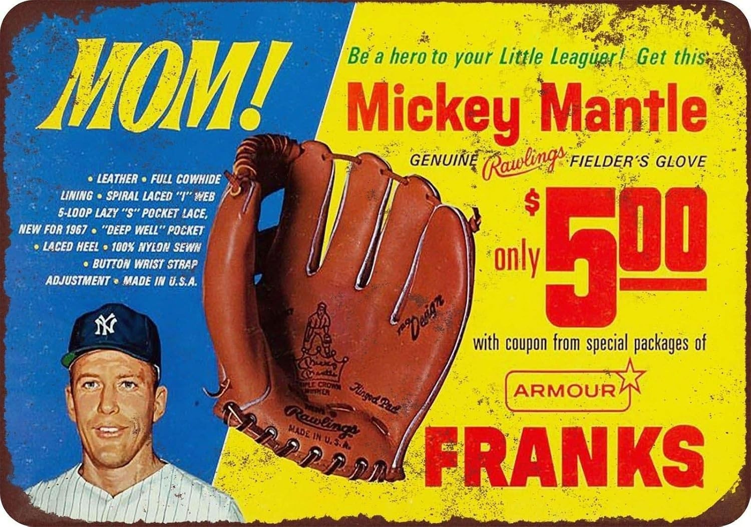 1967 Mickey Mantle Man Cave Wall Tin Sign Art Rustic Metal Signs Vintage 8x12