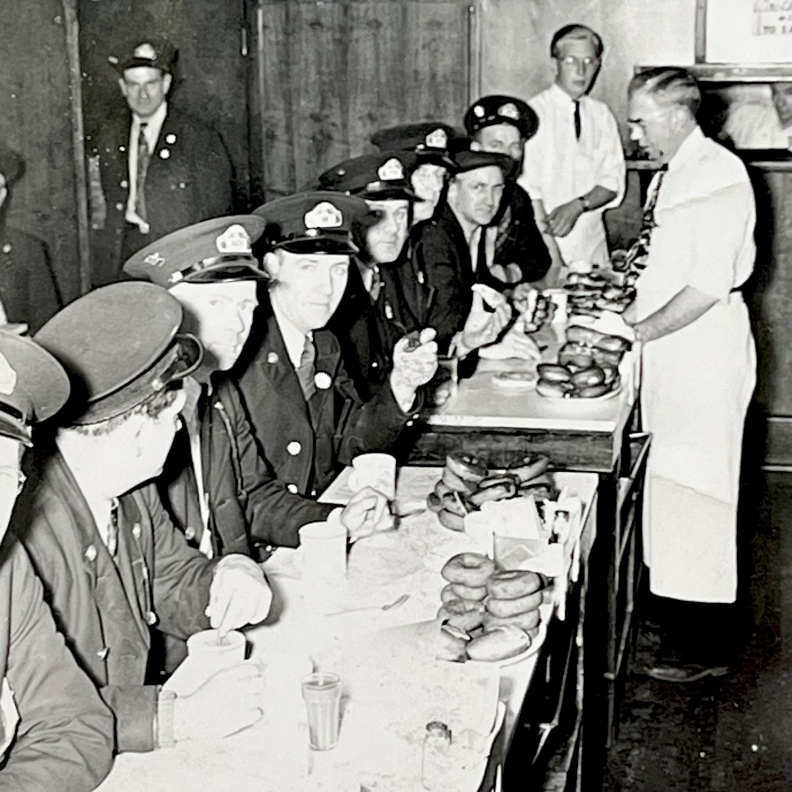 1940s Row Of Policemen At Donut Shop Funny Cops Vintage Snapshot Photo