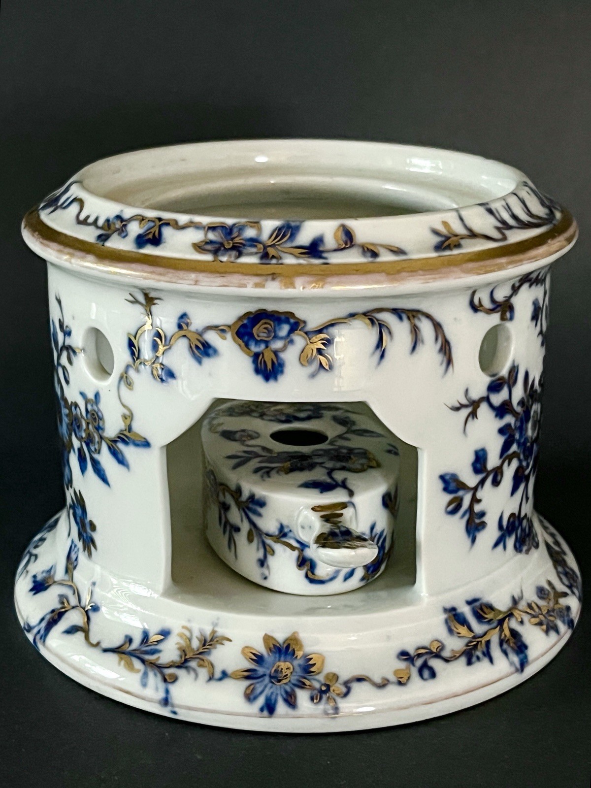Antique Porcelain Tea Warmer Stand with Oil Burner  Blue & White (Gzhel?)  EXC
