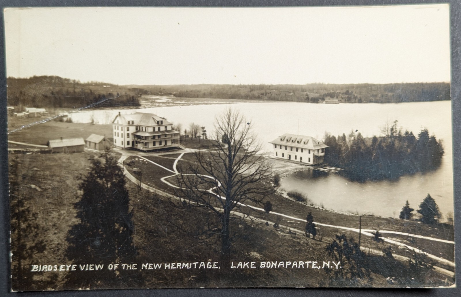 Postcard Real Photo Birdseye View of New Hermitage Lake Bonaparte New York 1910s