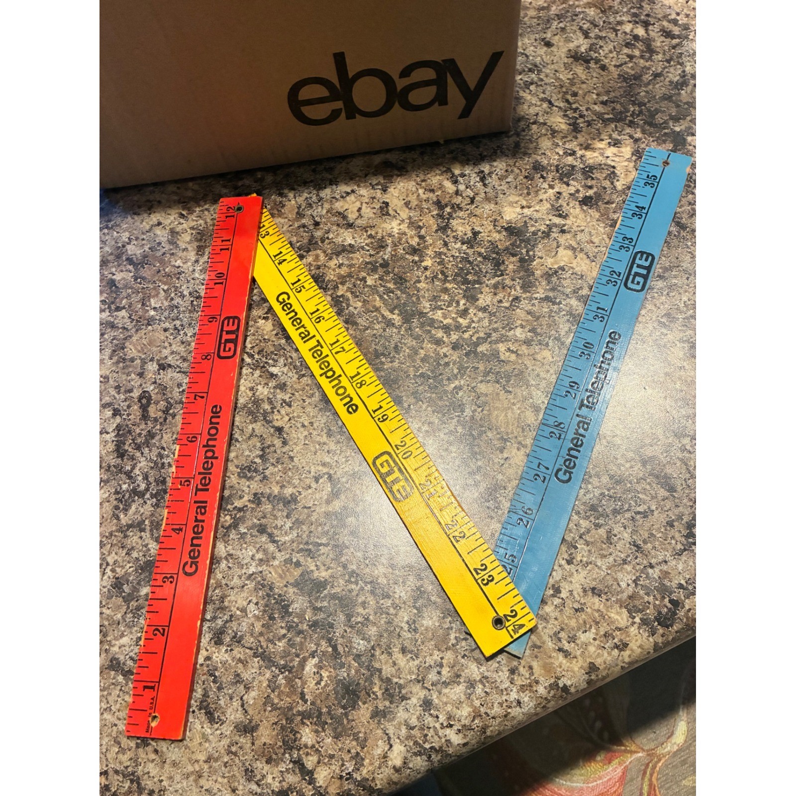Vintage GTE General Telephone Folding Wooden Yardstick Ruler Red Yellow Blue 36\