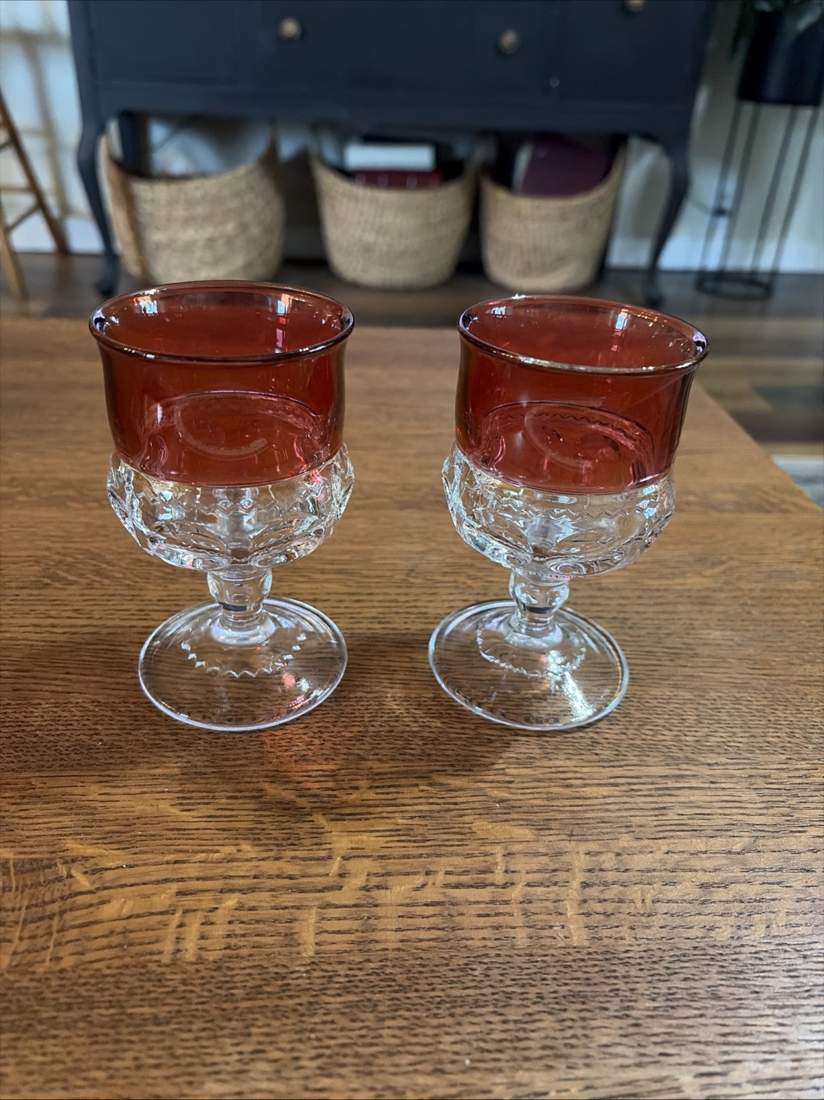 Vintage Tiffin-Francis Kings Crown Goblet Glasses Ruby Flashed Thumbprints Set 2