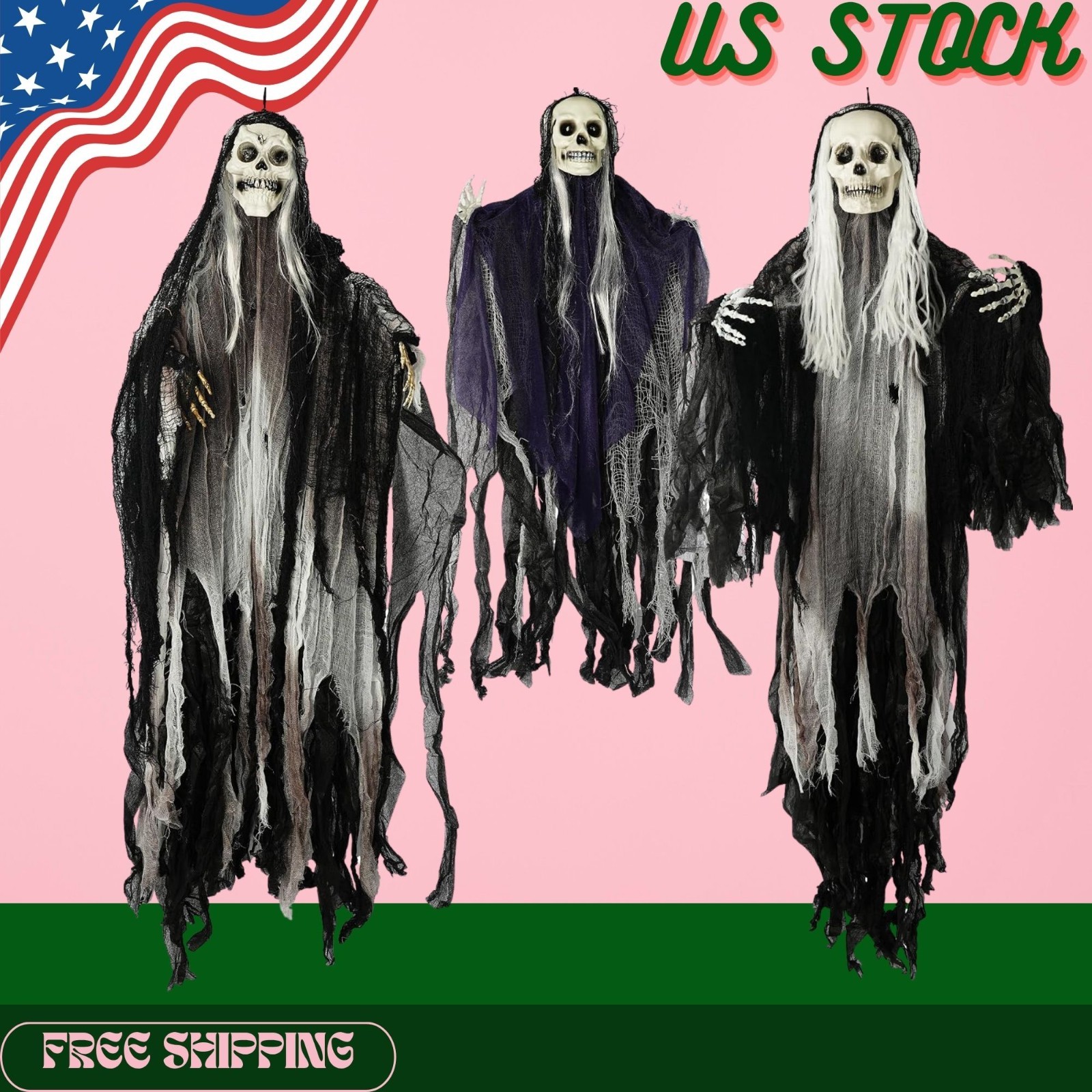 NEW 3-Pack Halloween Hanging Skeleton Ghost Decorations Outdoor