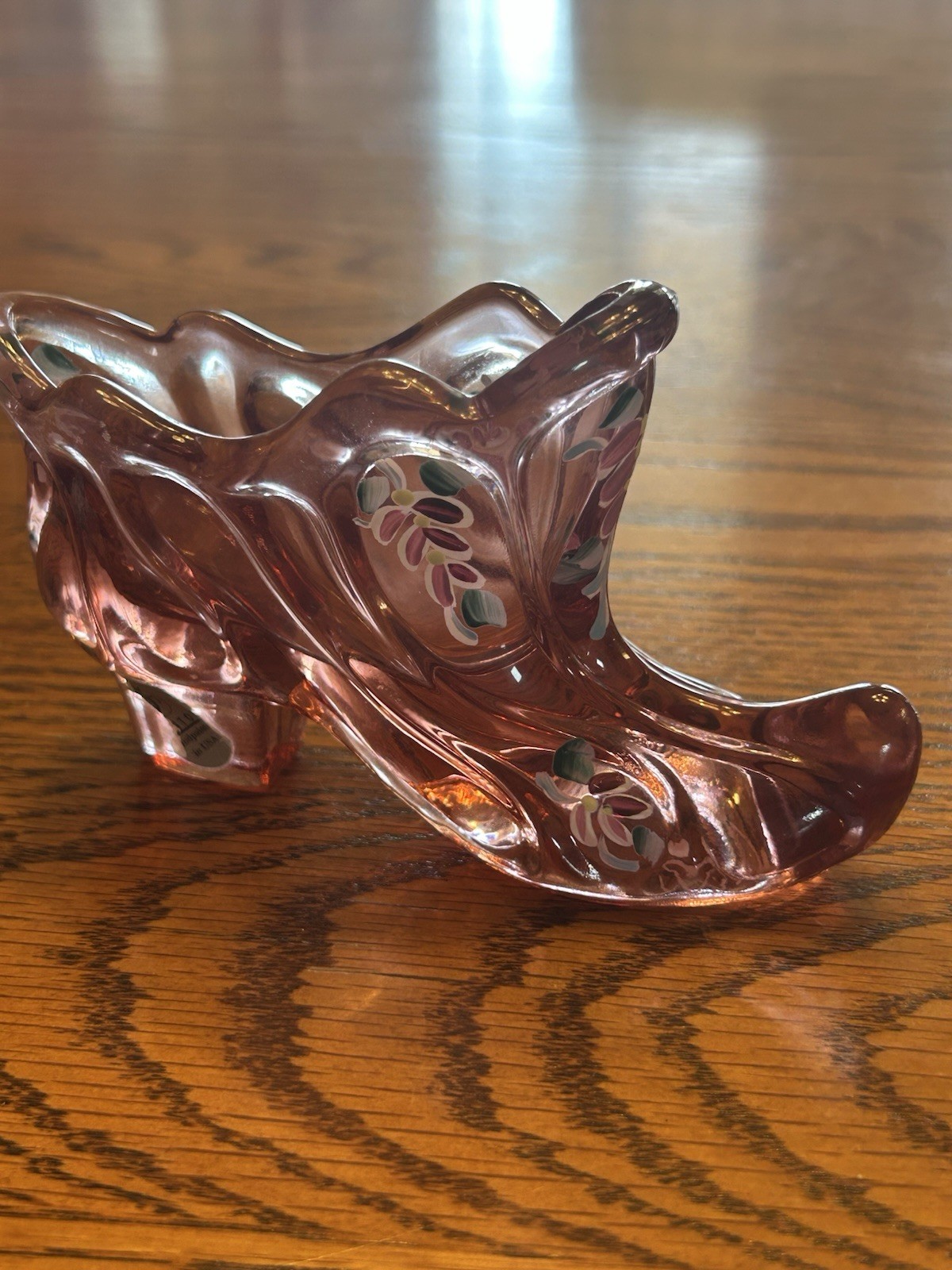 Vintage Fenton Rose Cranberry Pink Art Glass Shoe Hand Painted Floral Signed