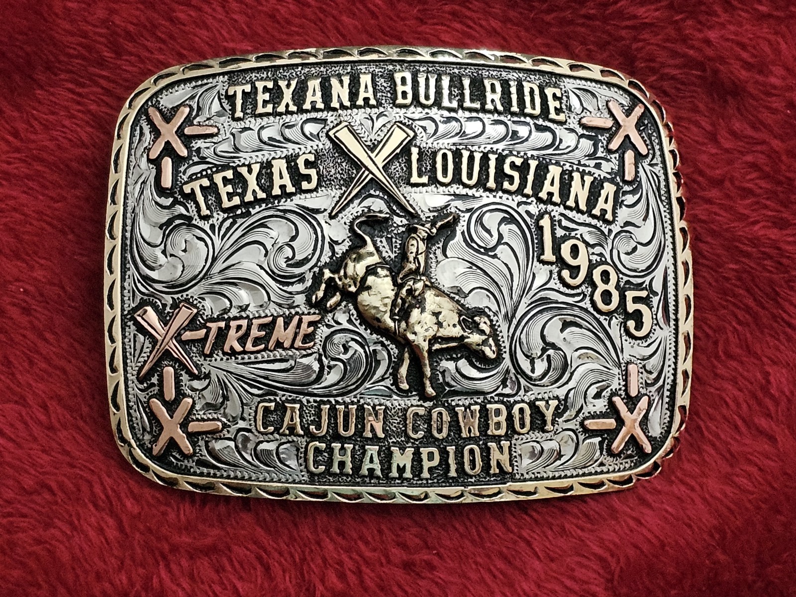 Cajun Texana Bull Riding☆X~TREME☆1985☆RODEO CHAMPION TROPHY BUCKLE☆☆RARE☆360