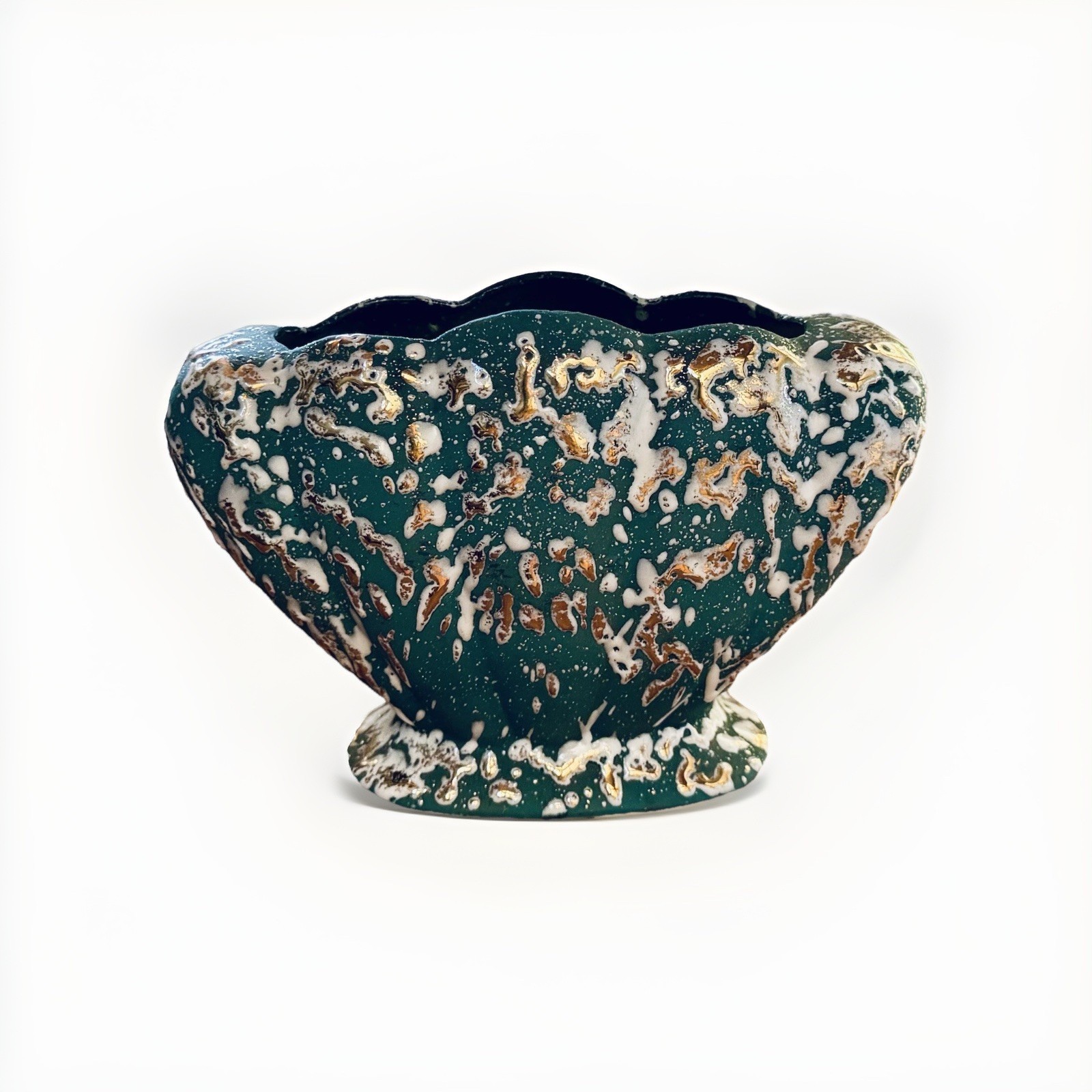Savoy Style Vase Planter Aqua Blue/Green Splatter Glaze w/ Gold & White