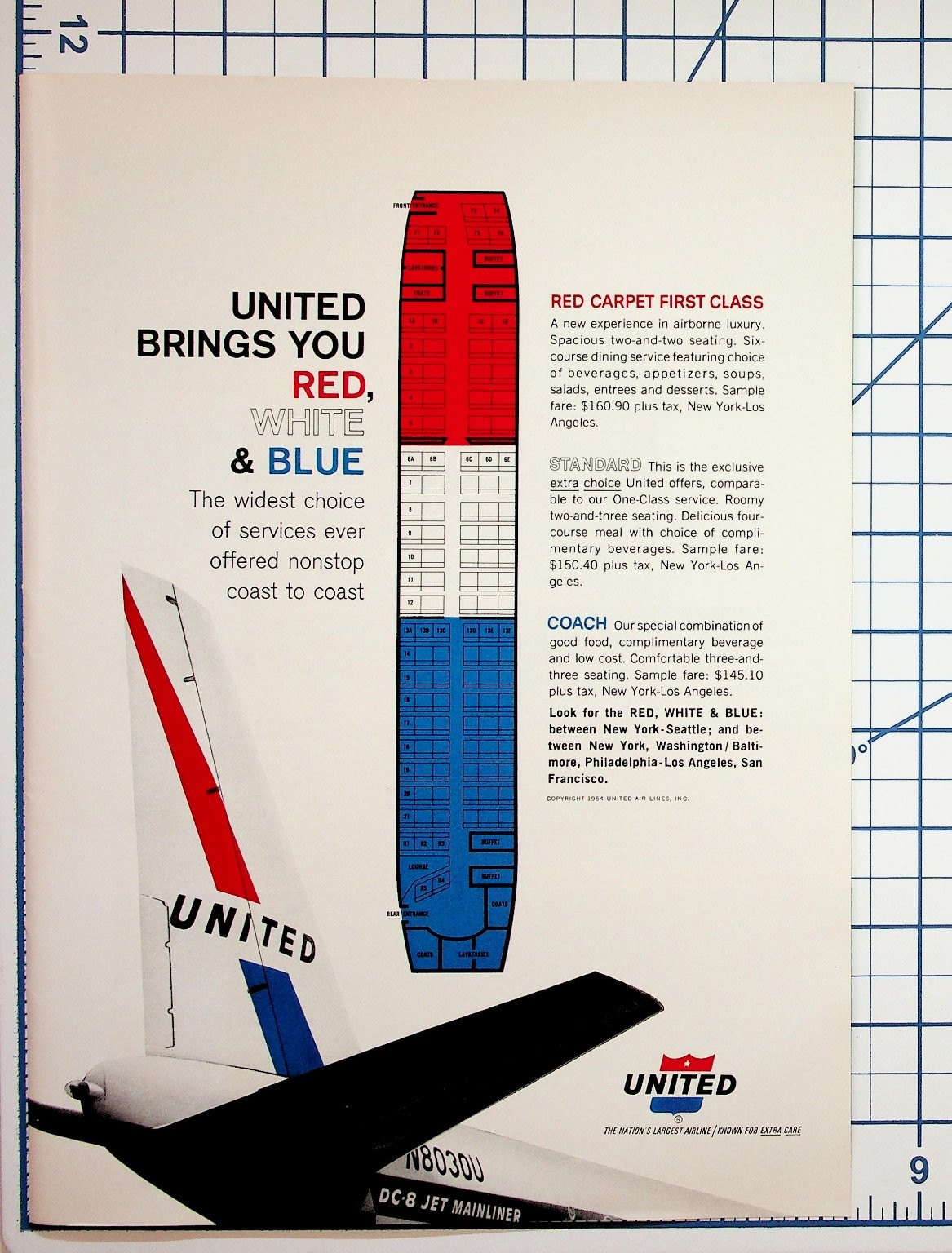 1964 United Airlines DC-8 Jet Mainliner Red White Blue Flight Ad Ephemera
