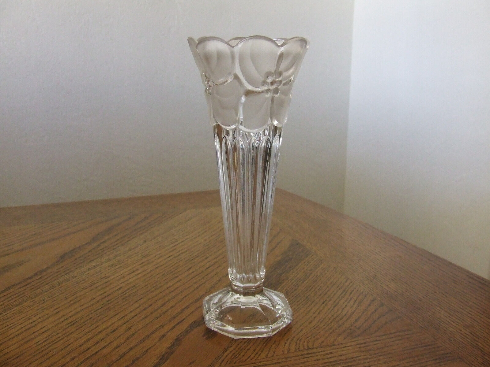 Vintage Enesco Lead Crystal Vase, Clear With Frosted Floral Pattern, 7.5\