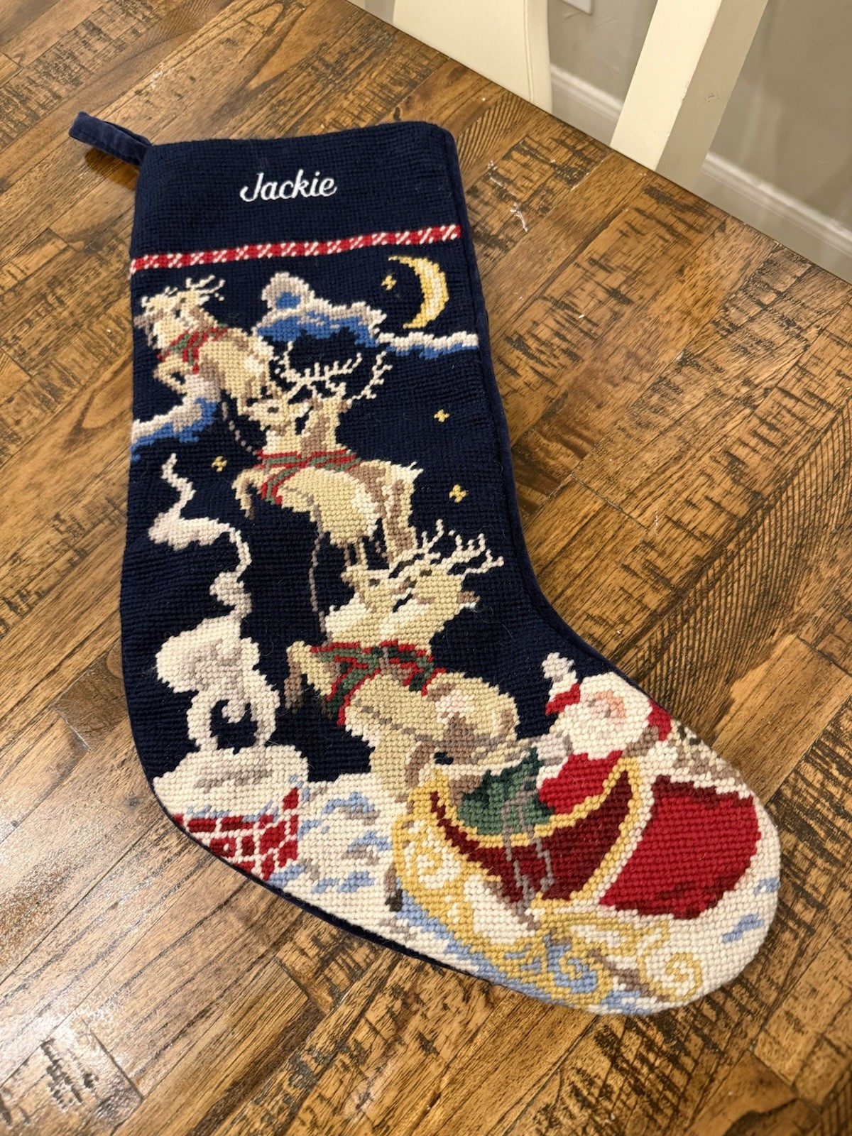 Vintage Land\'s End Christmas Stocking Reindeer & Santa “Jackie” Monogram Navy