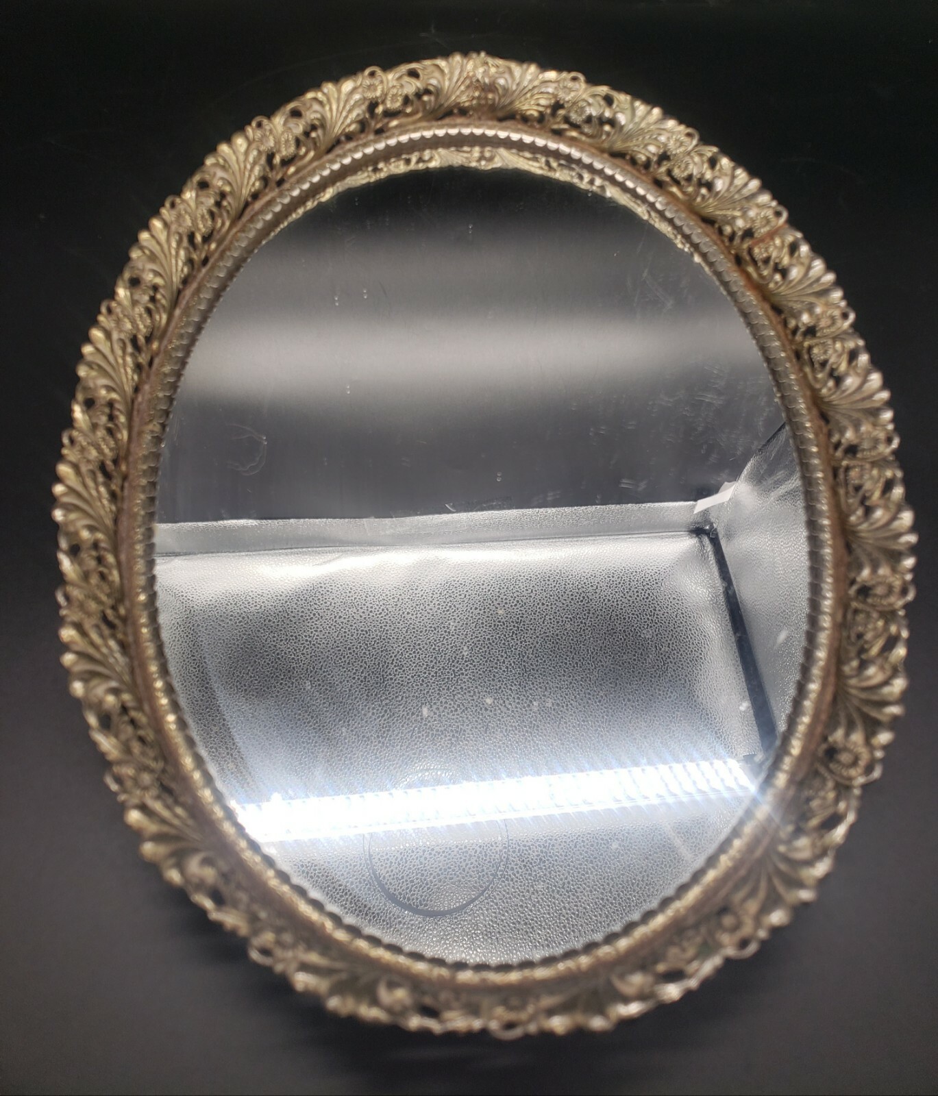 Vintage Brass Tone Mirrored Filigree Dresser Vanity Tray 10 by 14 Inches