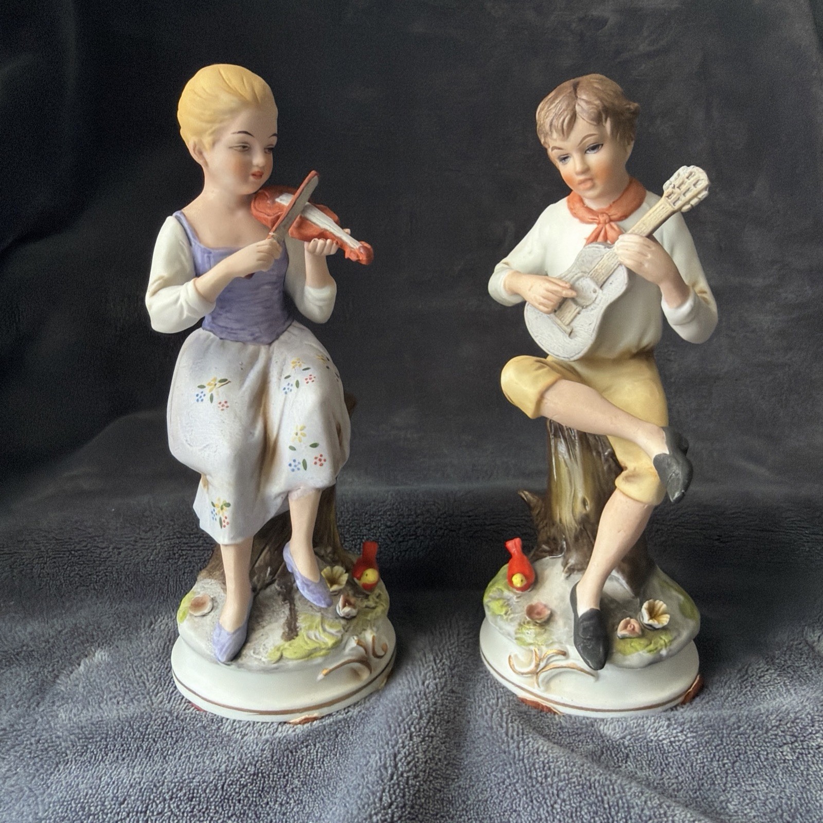 Vintage Ardalt Girl and Boy Playing Instruments With Birds at Their Feet Japan Vintage Ardalt Girl and Boy Playing Instruments With Birds at Their Feet Japan