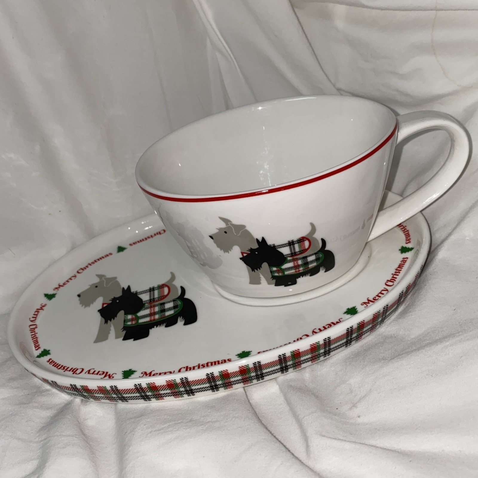 Grace\'s Teaware porcelain Scottish terrier plaid Scotty Dog cup & snack plate