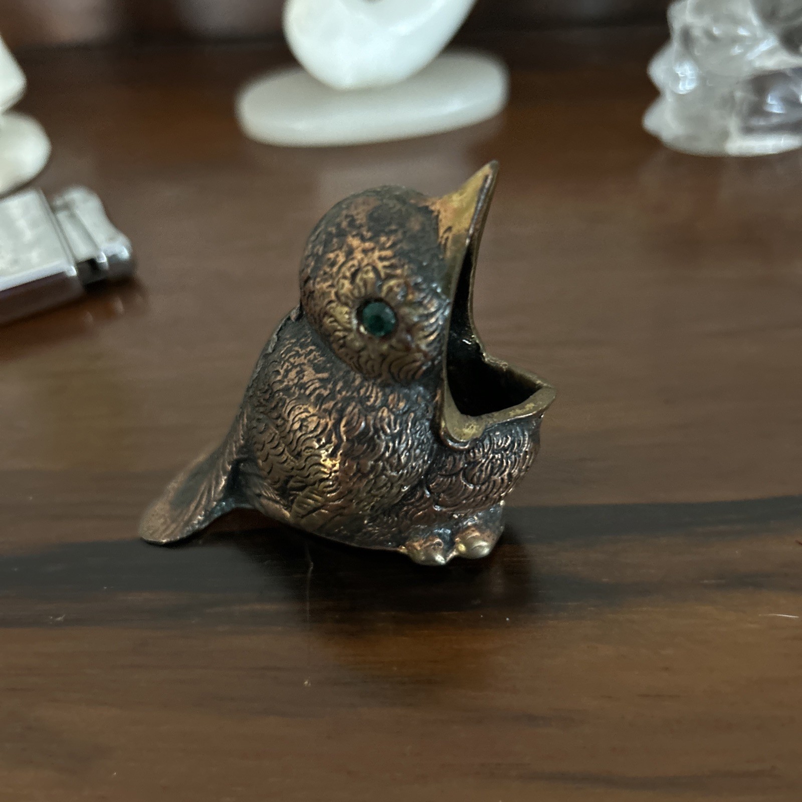 Antique Art Deco Brass Baby Bird Ashtray Open Mouth 20\'s