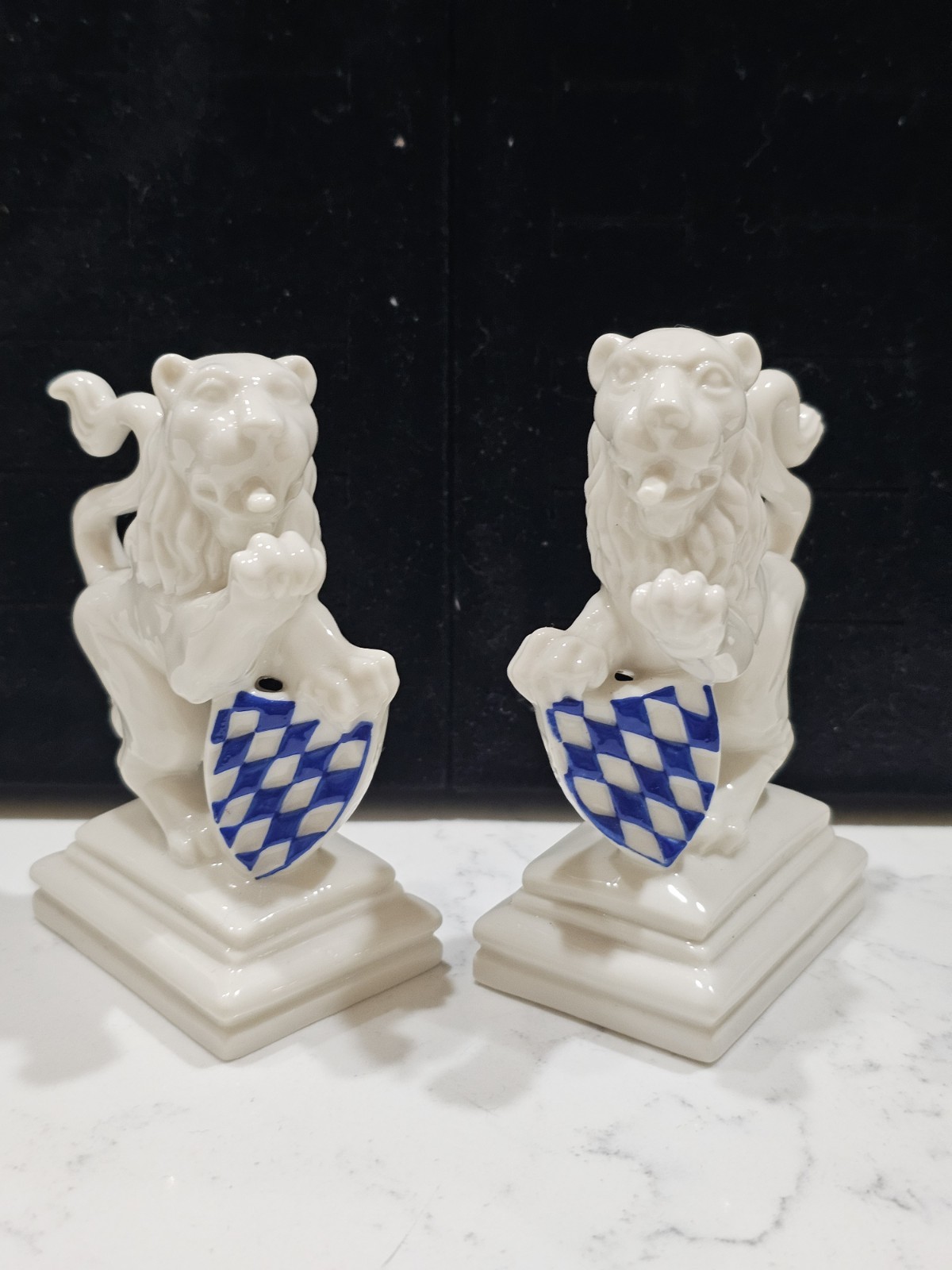Antique Pair Nymphenburg Porcelain Bavarian Lion W/ Crest Figurine 3 3/4\