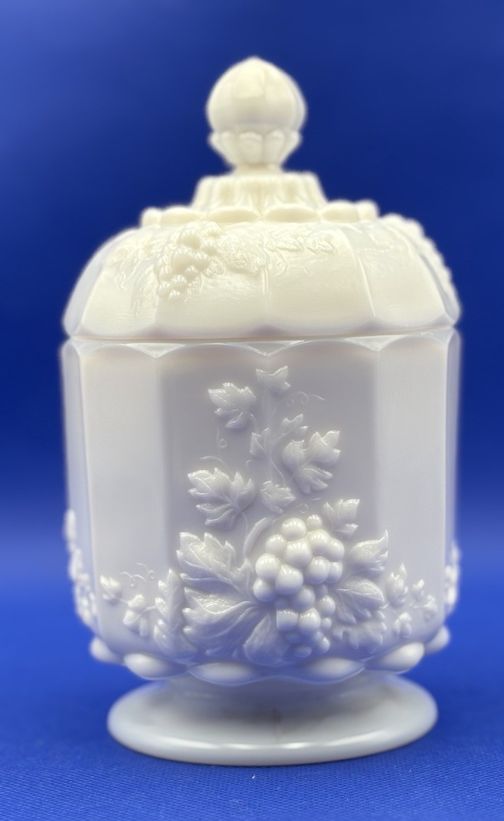 Vintage Westmoreland Paneled Grape Milk Glass Lidded Canister Candy Jar 6.75\