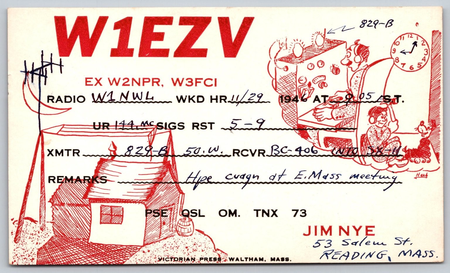 1947 W1EZV Ham Radio QSL Postcard Reading MA Waltham Victorian Press C258