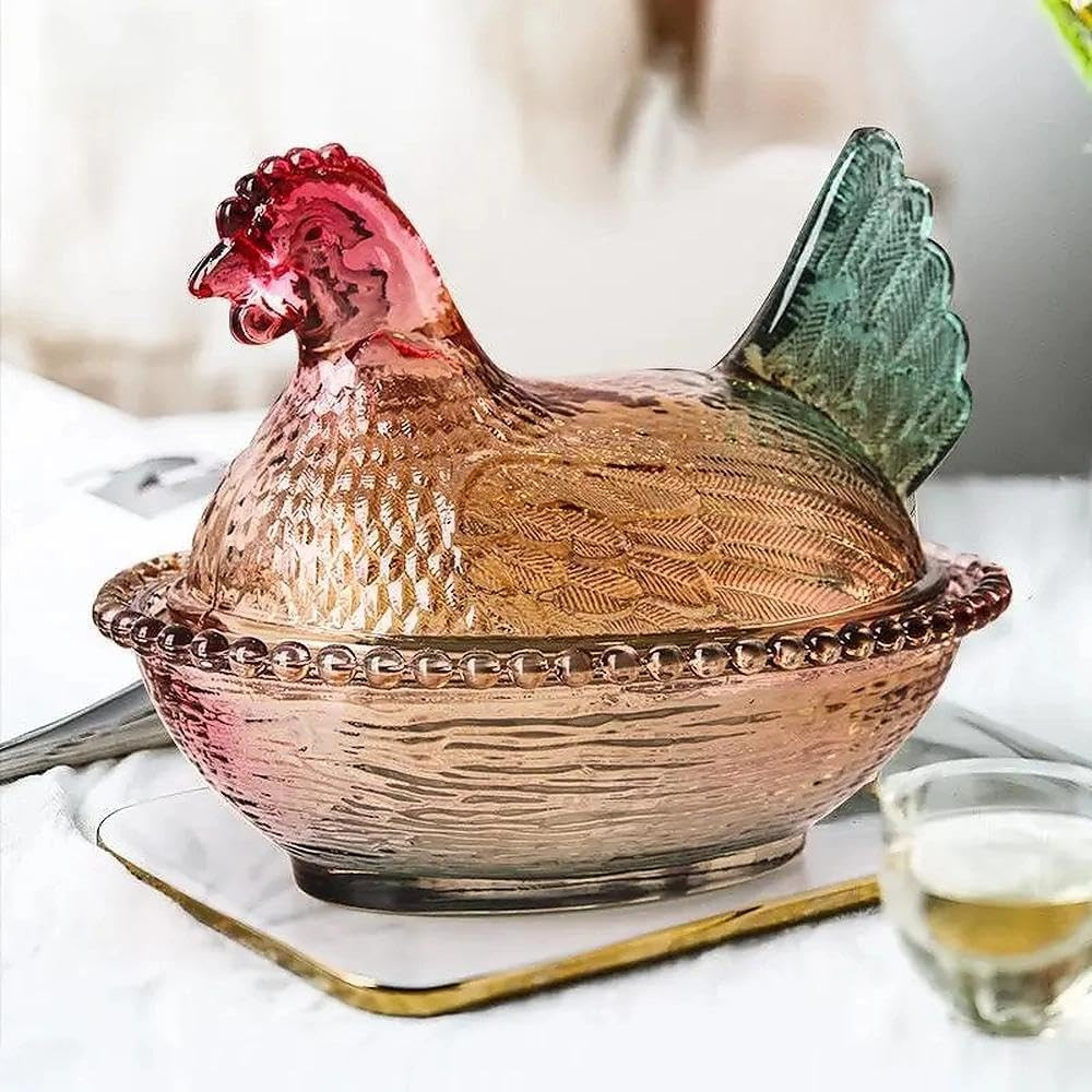 Rooster Decor Glass Candy Dish with Lid - Vintage Hen on Nest Style Large Snack